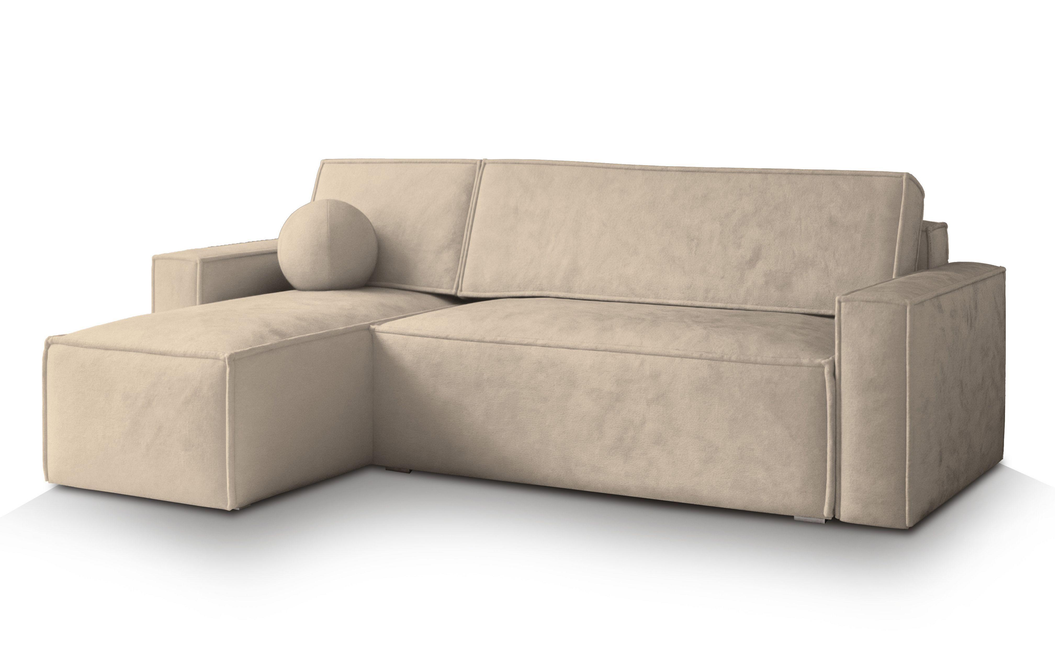 ECKSOFA RAVELO M Creme Velours-Stoff mit Schlaffunktion - Creme/Grau, Holz/Kunststoff (240/140cm) - MASSENO