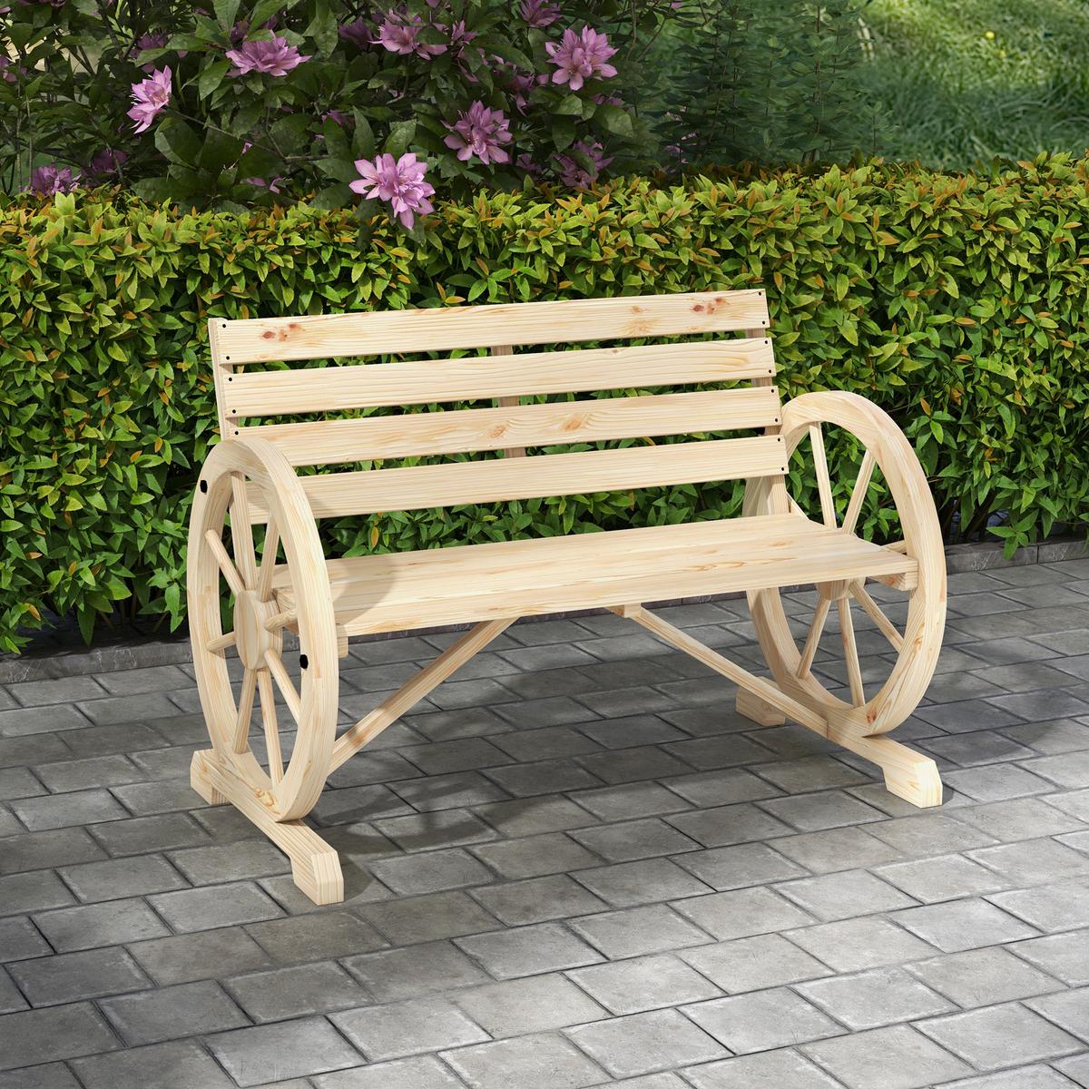 2ER-GARTENBANK Sitzbank Wagenrad-Design rustikale Holzbank für 2 Personen - Naturfarben, Holz (56/79/105.5cm) - Outsunny