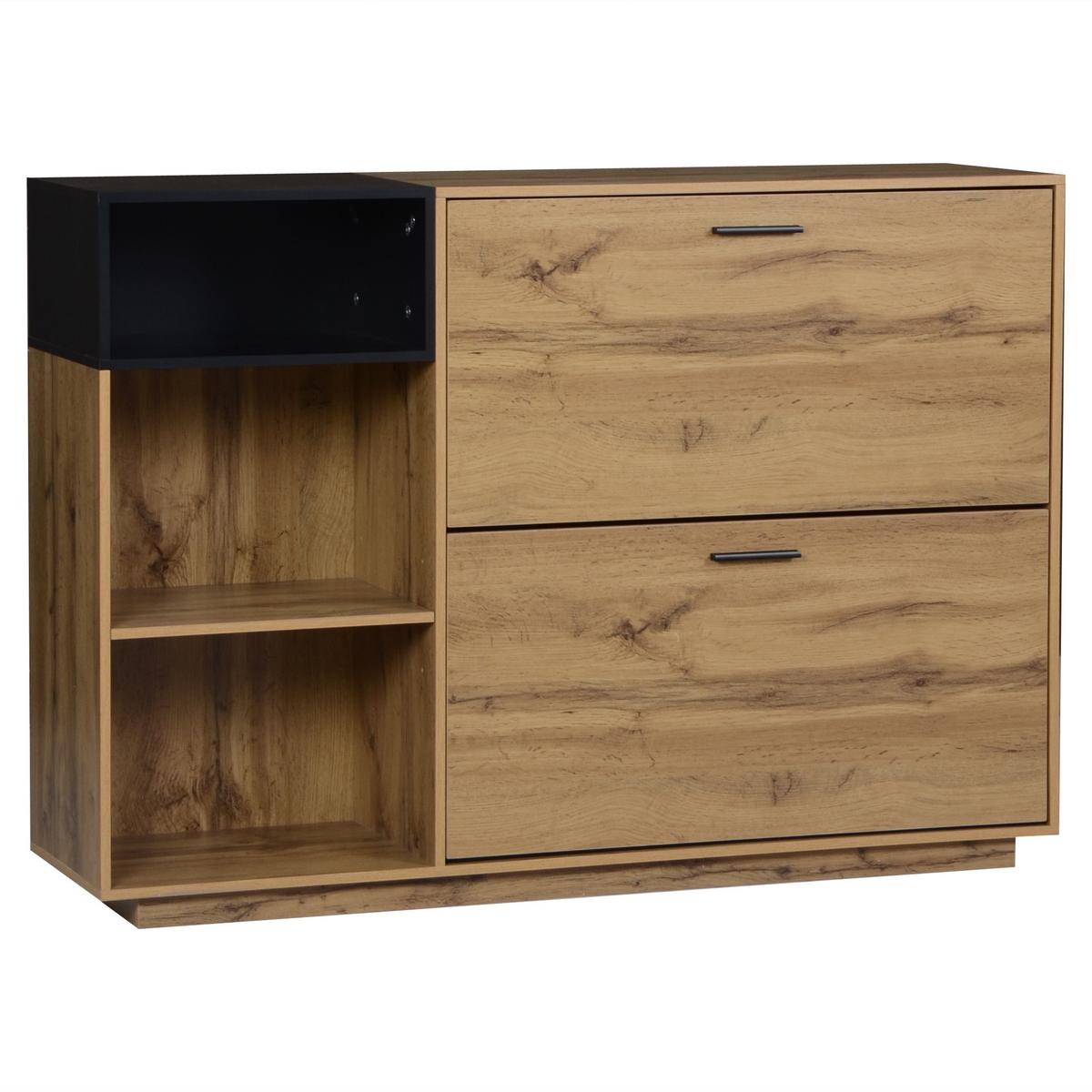 SCHUHESCHRANK mit 3 offene Fächer & 2 Klappfächer Natur+Schwarz - Naturfarben, Holzwerkstoff (120/84.5/32cm) - Urban Meuble