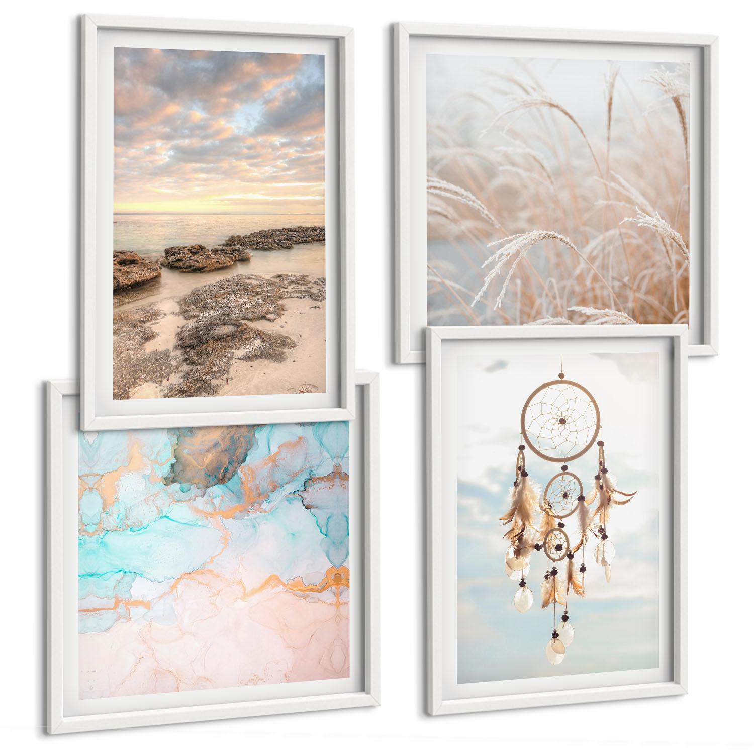 BILDER SET 4er Set - 50x50 cm & 40x60 cm Weißer Rahmen - Wolkenmeer, Traumfänger, Gras - Weiß, Kunststoff (50/50cm) - TULUP