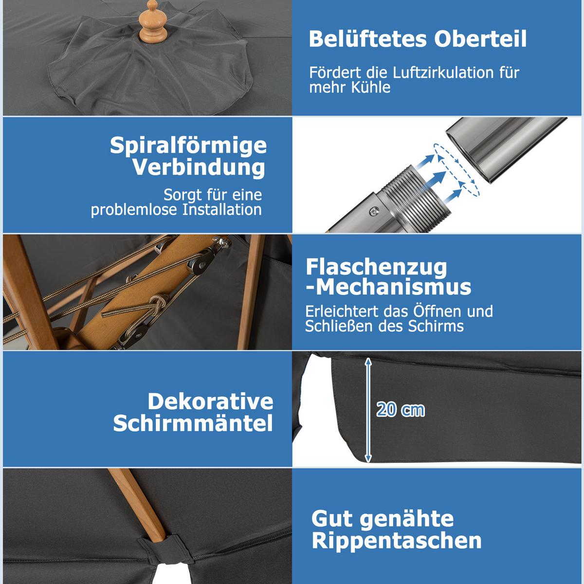 SONNENSCHIRM 300cm Schwarz - Schwarz, Holz (300/300cm) - COSTWAY
