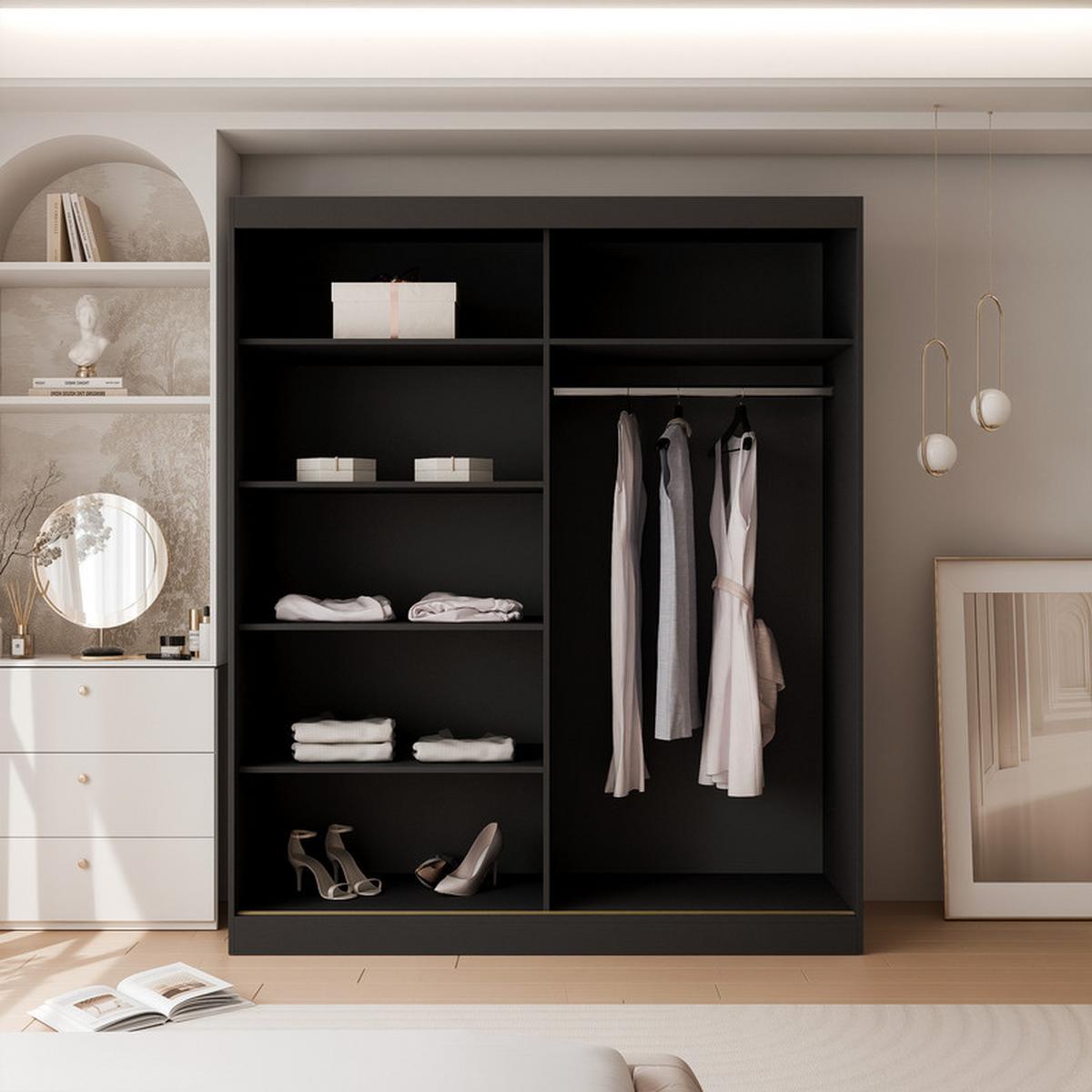 SCHWEBETÜRENSCHRANK CLARITY 2-türig 180/65/215 cm Schwarz / goldene Griffe - Goldfarben/Schwarz, Holzwerkstoff/Kunststoff (180/215/65cm) - Idohome