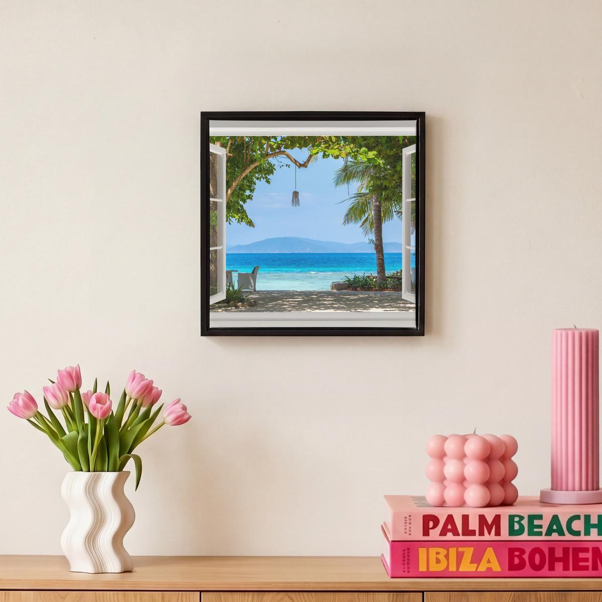 LEINWAND Bilder mit Rahmen - Aussicht - Baum - Meer - Palme - Hügel - Strand - Blau - 20x20 - Blau, Textil (20/20cm) - MuchoWow