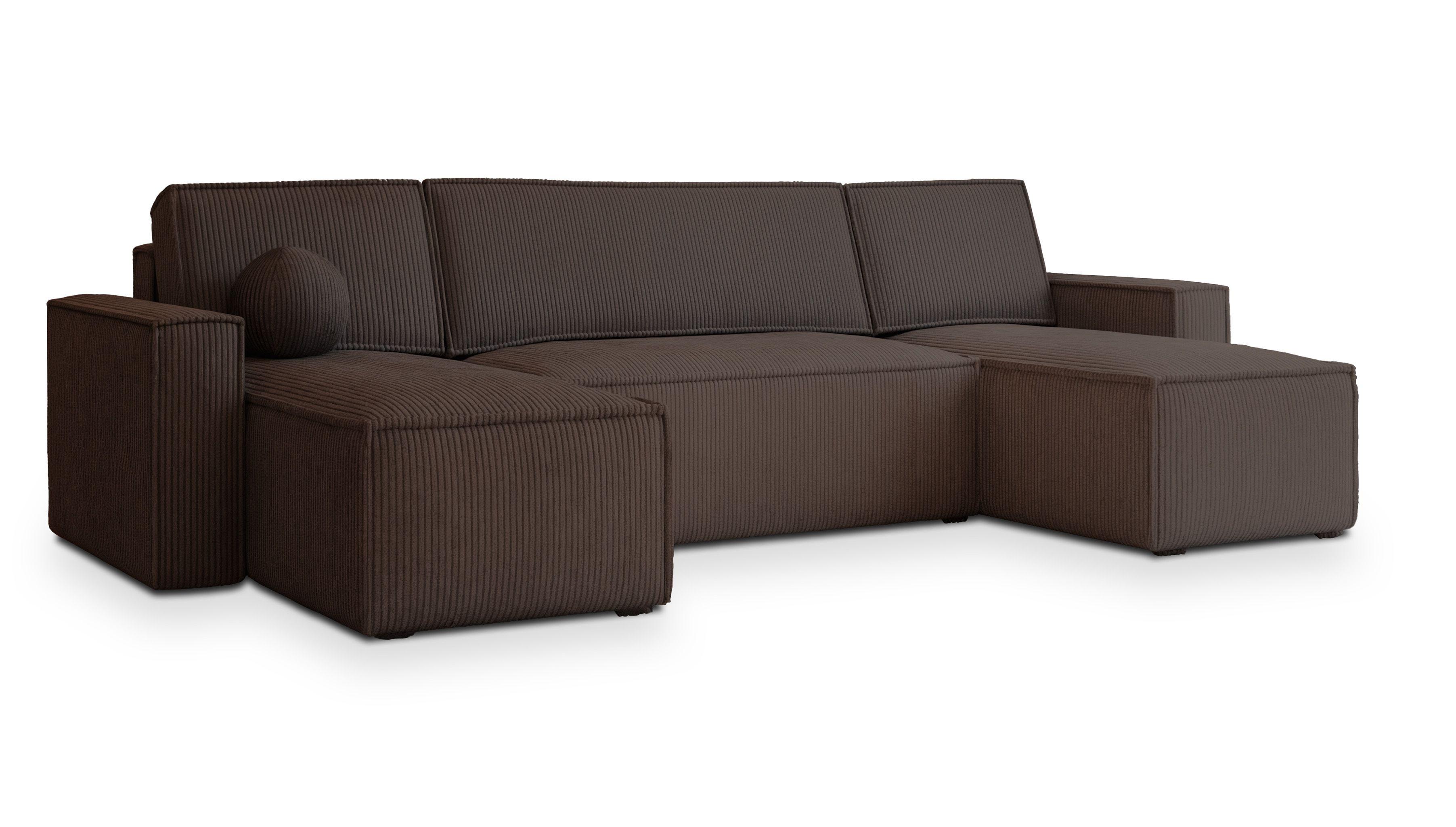 WOHNLANDSCHAFT PESANO P Braun Kordstoff mit Schlaffunktion - Braun/Grau, Holz/Kunststoff (306/85/140cm) - MASSENO