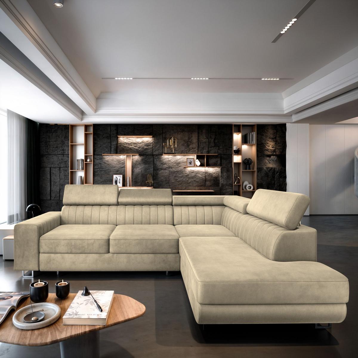 ECKSOFA NOLA R-S Creme Velours-Stoff mit Schlaffunktion - Silberfarben/Creme, Holz/Textil (253/190cm) - MASSENO