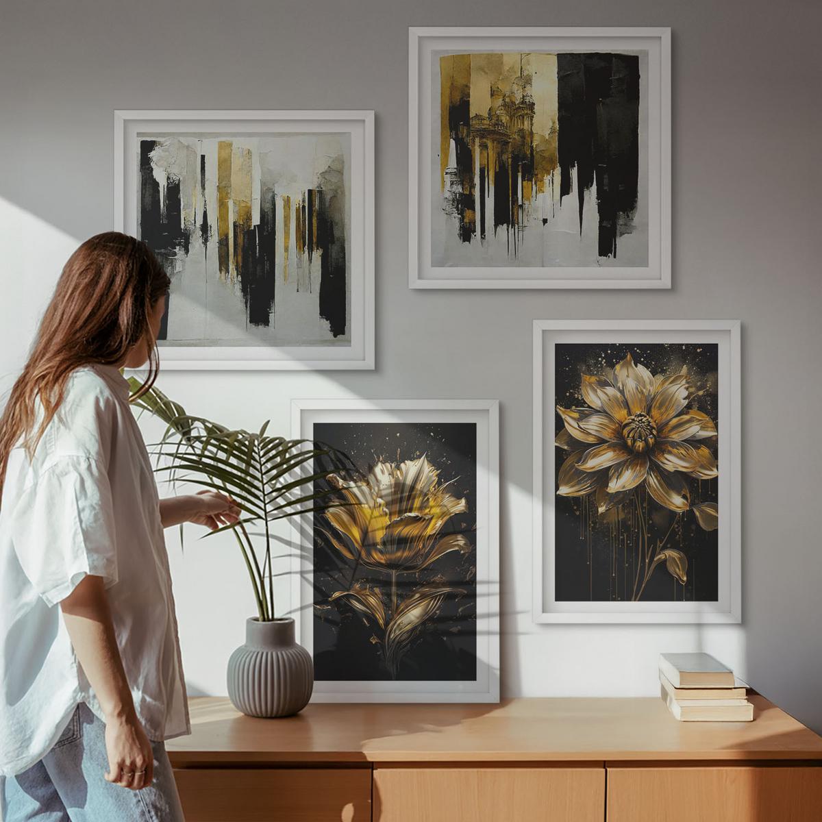 BILDER SET 4er Set - 50x50 cm & 40x60 cm Weißer Rahmen - Stilvolle moderne Blumen - Weiß, Kunststoff (50/50cm) - TULUP