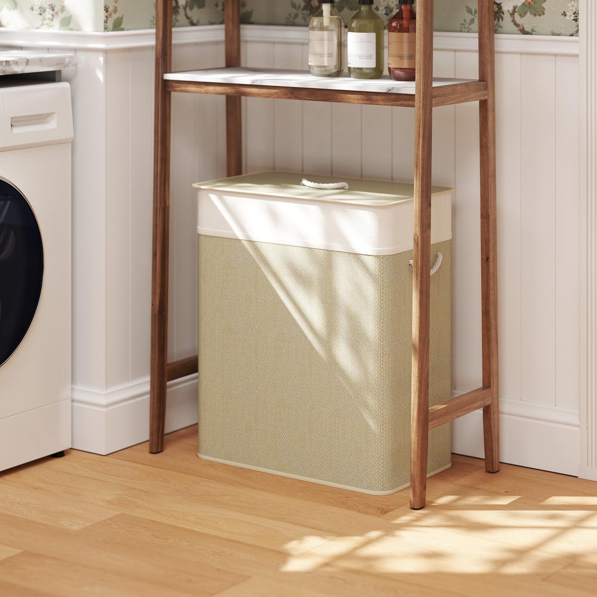 WÄSCHEKORB Bambus Cremeweiß - Hellbraun/Creme, Holz/Bambusholz (32/63/52cm) - HOMCOM