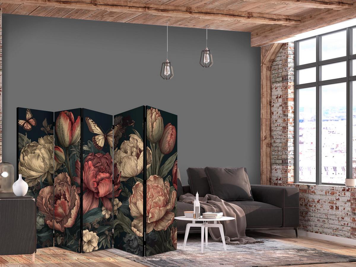 PARAVENT 5-tlg 225x172 cm Pfingstrosen im Boho - Multicolor, Holz/Textil (225/172/3cm) - Muralo