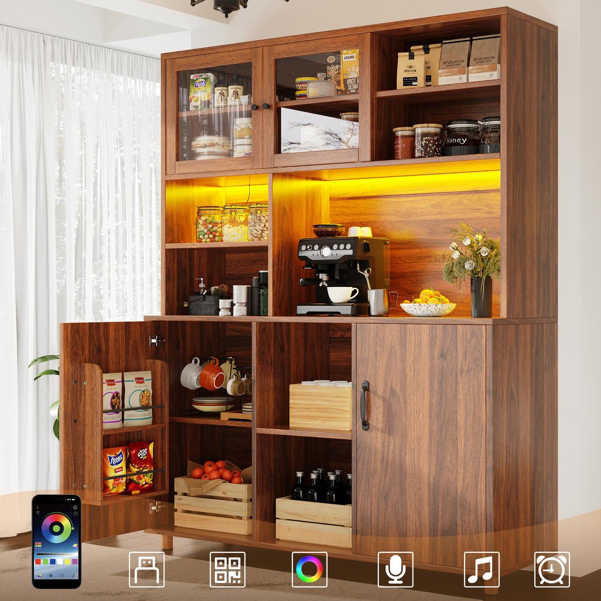 HIGHBOARD Holzoptik Walnuss mit LED & Glastüren - Walnussfarben, Glas/Holzwerkstoff (120/185/40cm) - Urban Meuble