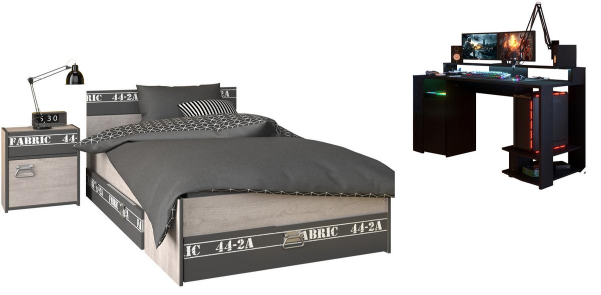 JUGENDZIMMER Set 3-tlg Gamingschreibtisch Bett 90 x 200 Nachttisch - Chromfarben/Eschefarben, Holzwerkstoff/Kunststoff (90/87/200cm) - Parisot Meuble
