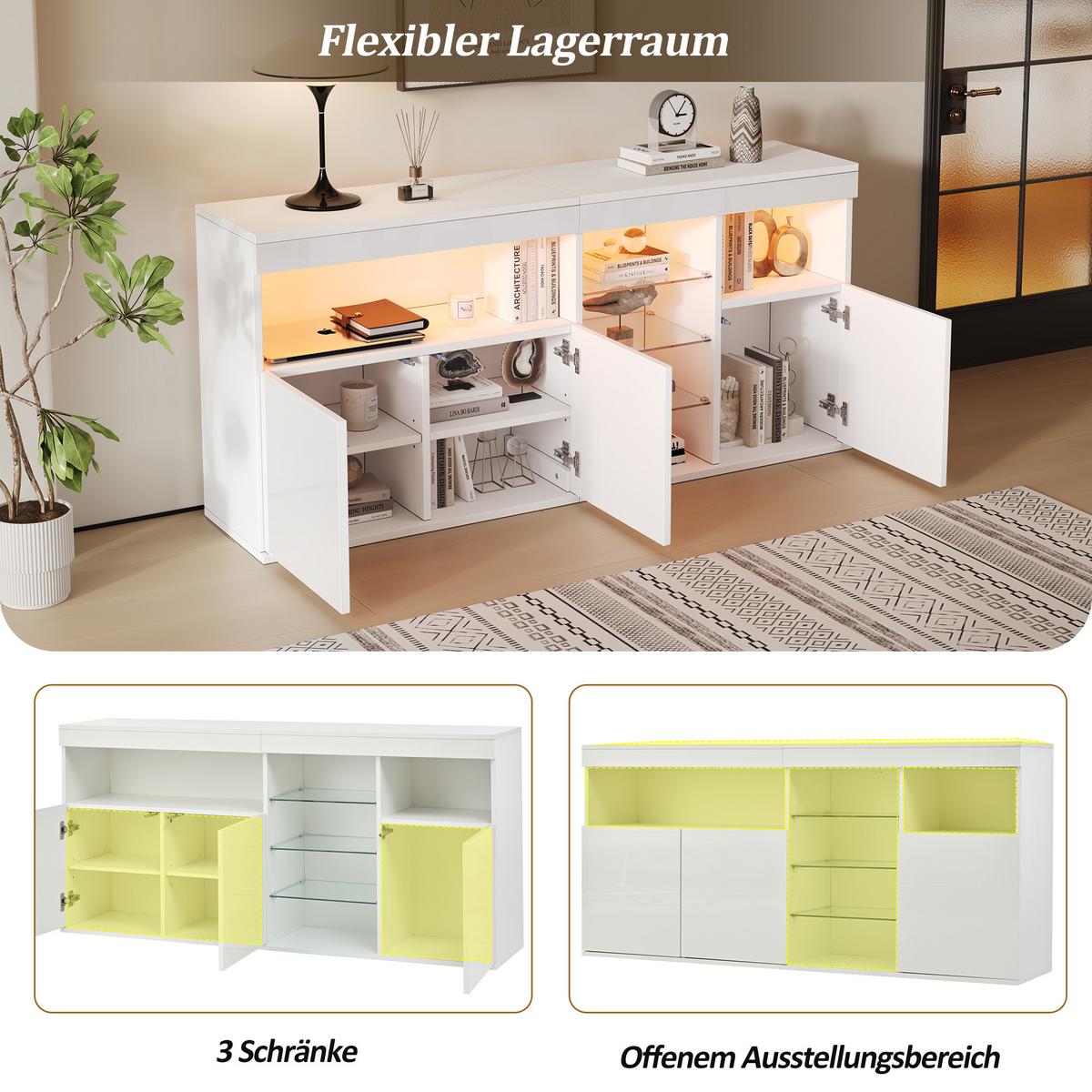 SIDEBOARD in Weiß Hochglanz mit App-gesteuerter LED - Weiß, Holzwerkstoff (155/72/35cm) - Urban Meuble