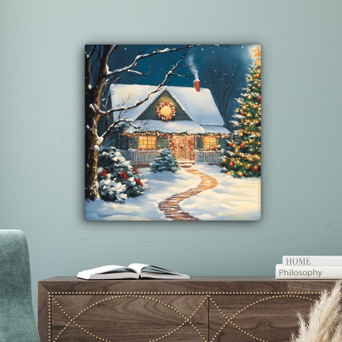 LEINWANDBILD Weihnachten - Weihnachtsbaum - Winter - Zuhause - Schnee Wandbild Wohnzimmer 50x50 cm - Smaragdgrün, Textil (50/50cm) - MuchoWow
