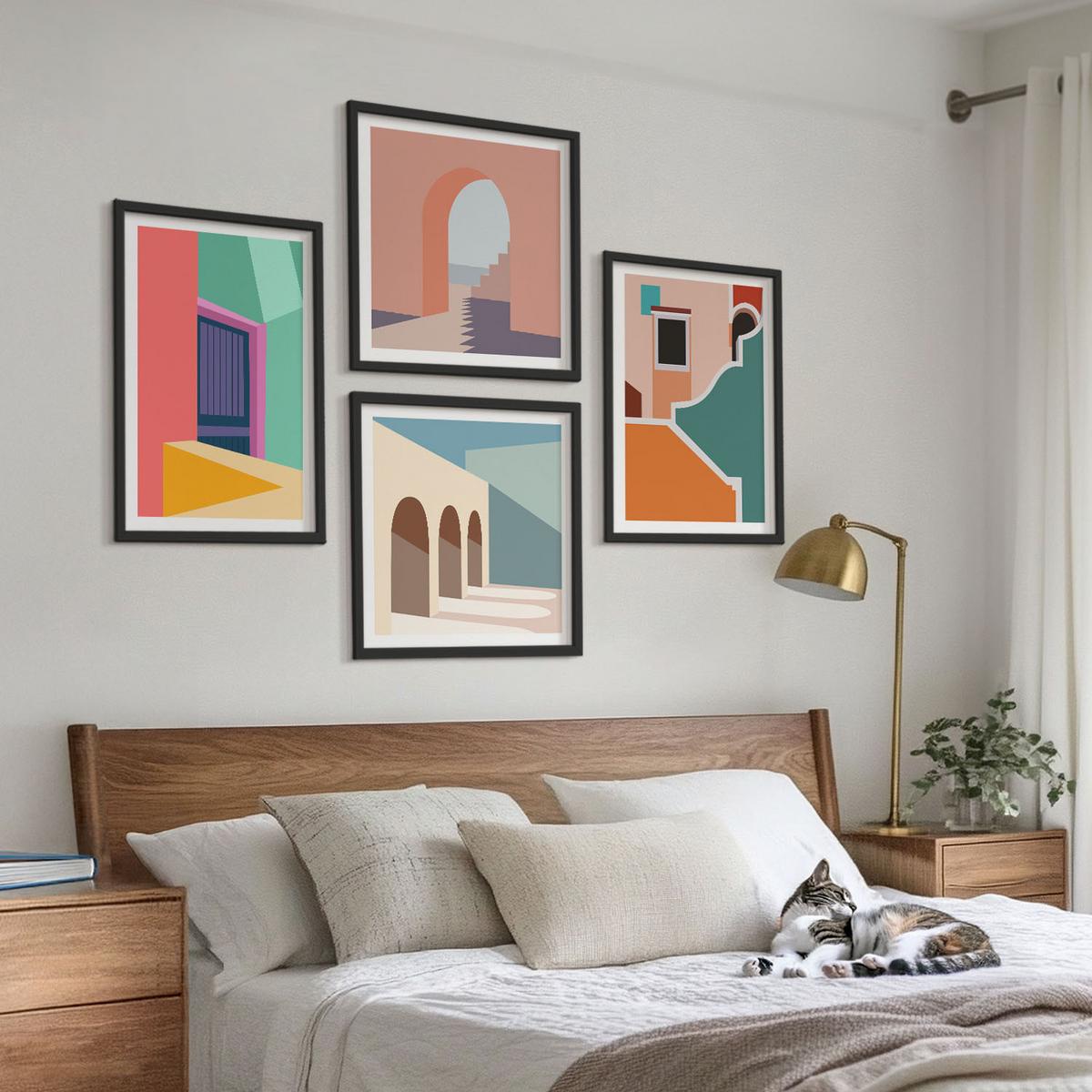 BILDER SET 4er Set - 50x50 cm & 40x60 cm Schwarzer Rahmen - Farbenfrohe Illustrationen der Stadt - Schwarz, Kunststoff (50/50cm) - TULUP