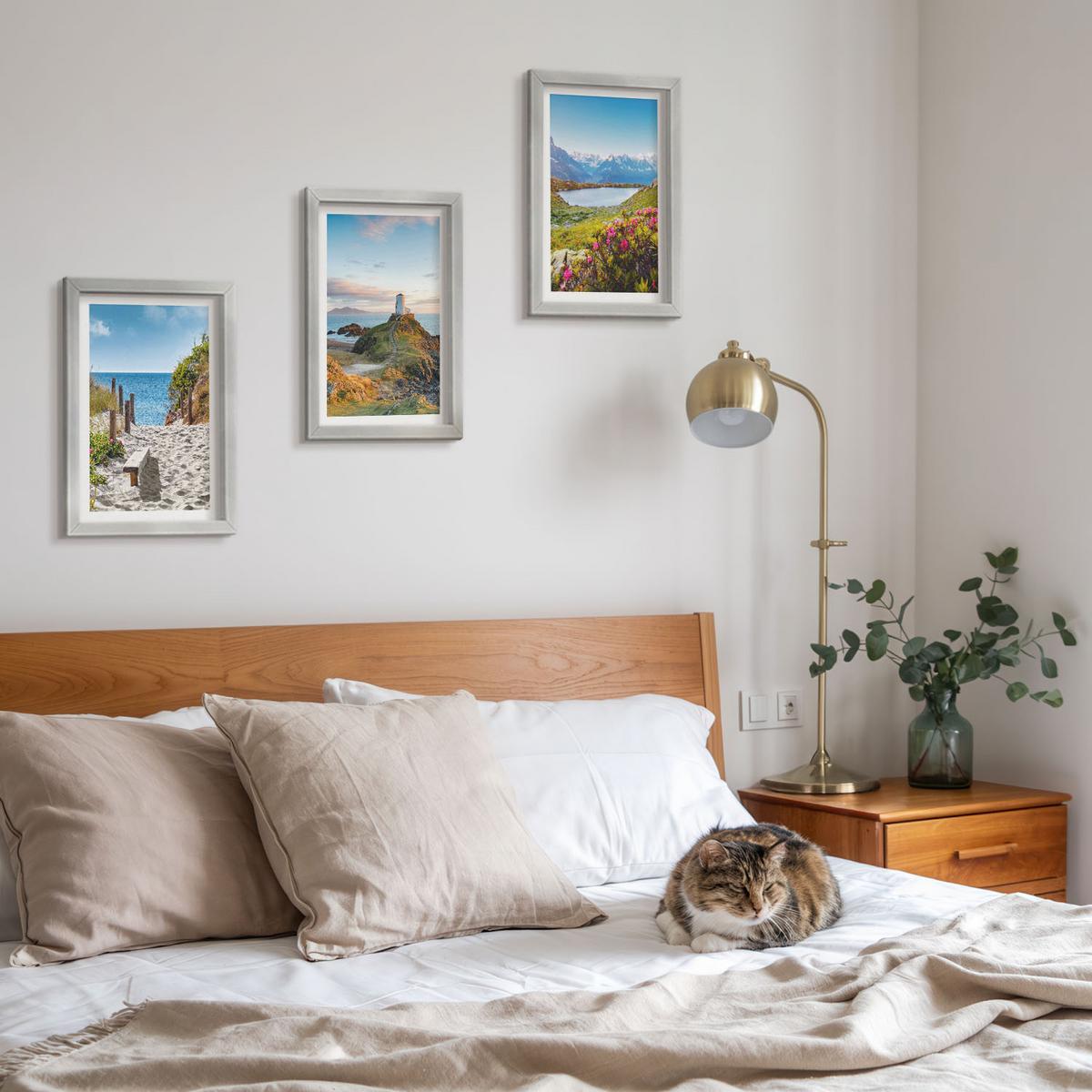 BILDER SET 3er Set - 20x30 cm Silberner Rahmen - Strand, Leuchtturm, Berge, Blumen - Silberfarben, Kunststoff (20/30cm) - TULUP