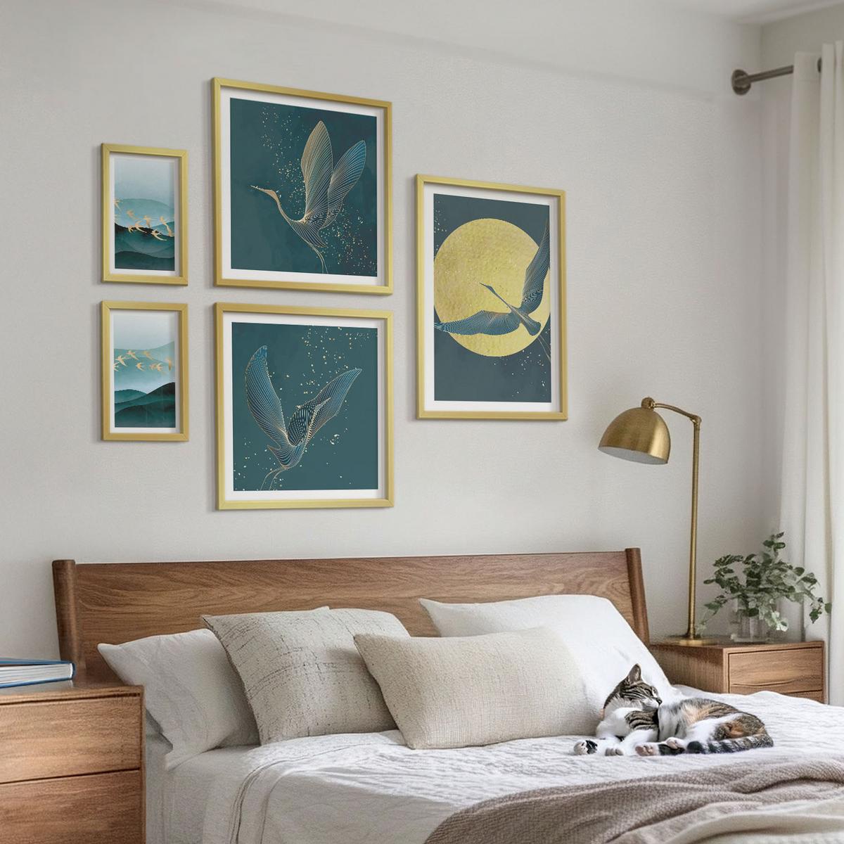 BILDER SET 5er Set - 50x50 cm & 20x30 cm & 40x60 cm Goldrahmen - Abstrakte Landschaften von Vogelwellen - Goldfarben, Kunststoff (40/60cm) - TULUP