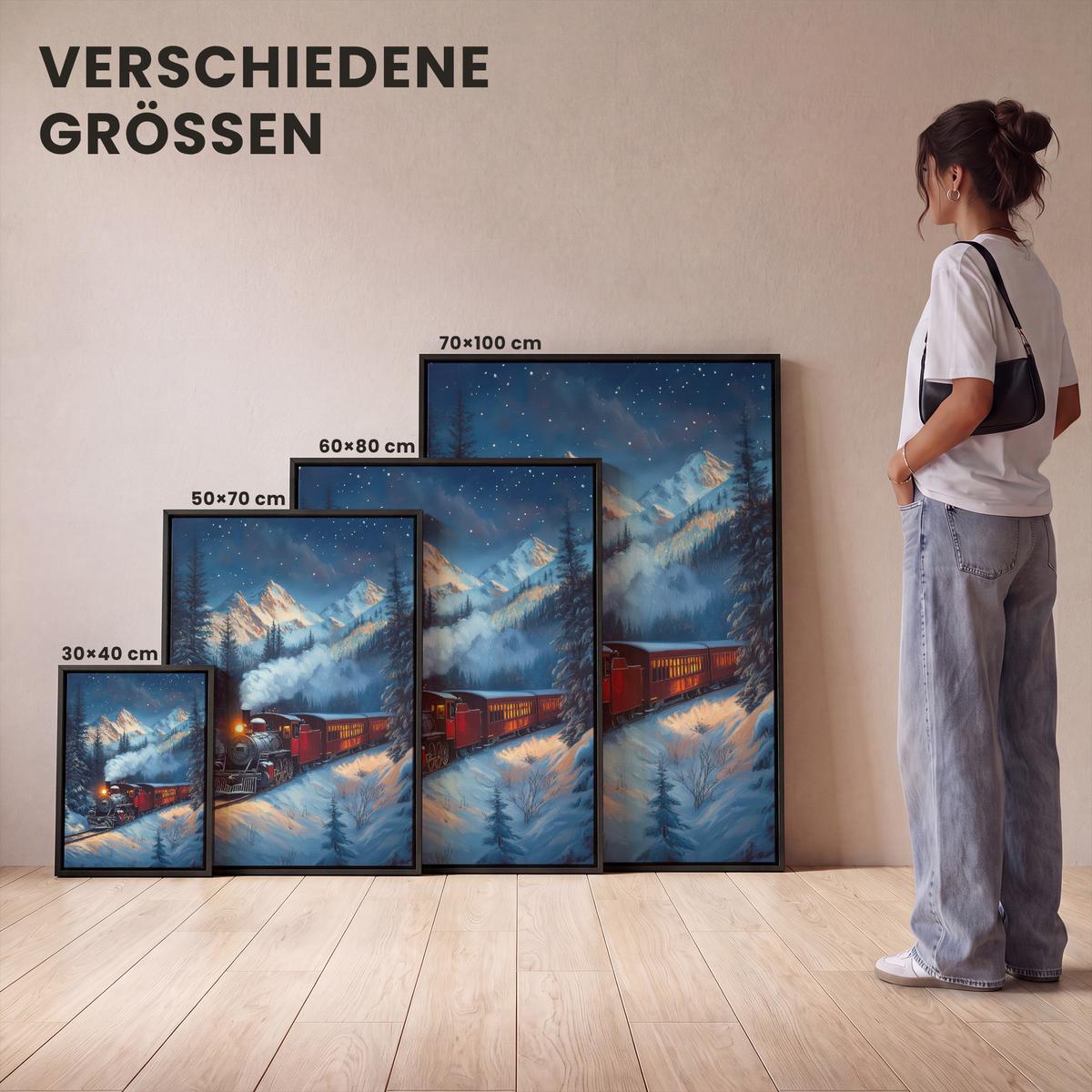 LEINWAND Bilder mit Rahmen - Zug - Weihnachten - Schnee - Weihnachtszug - 70x100 - Anthrazit, Textil (70/100cm) - MuchoWow