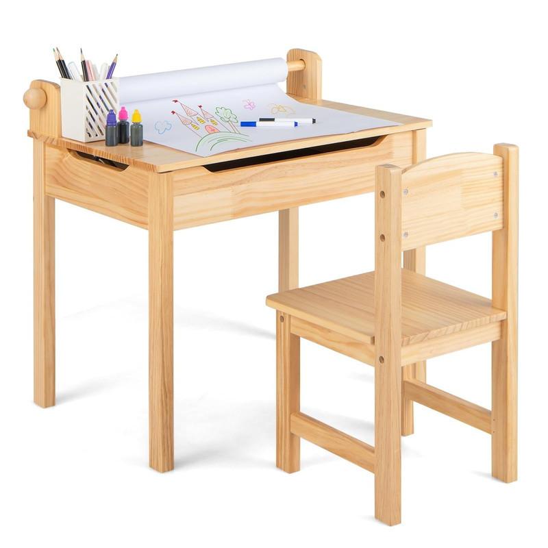 KINDERSCHREIBTISCH mit Stuhl natur(2-tlg) - Naturfarben, Holz (66/58/40cm) - COSTWAY