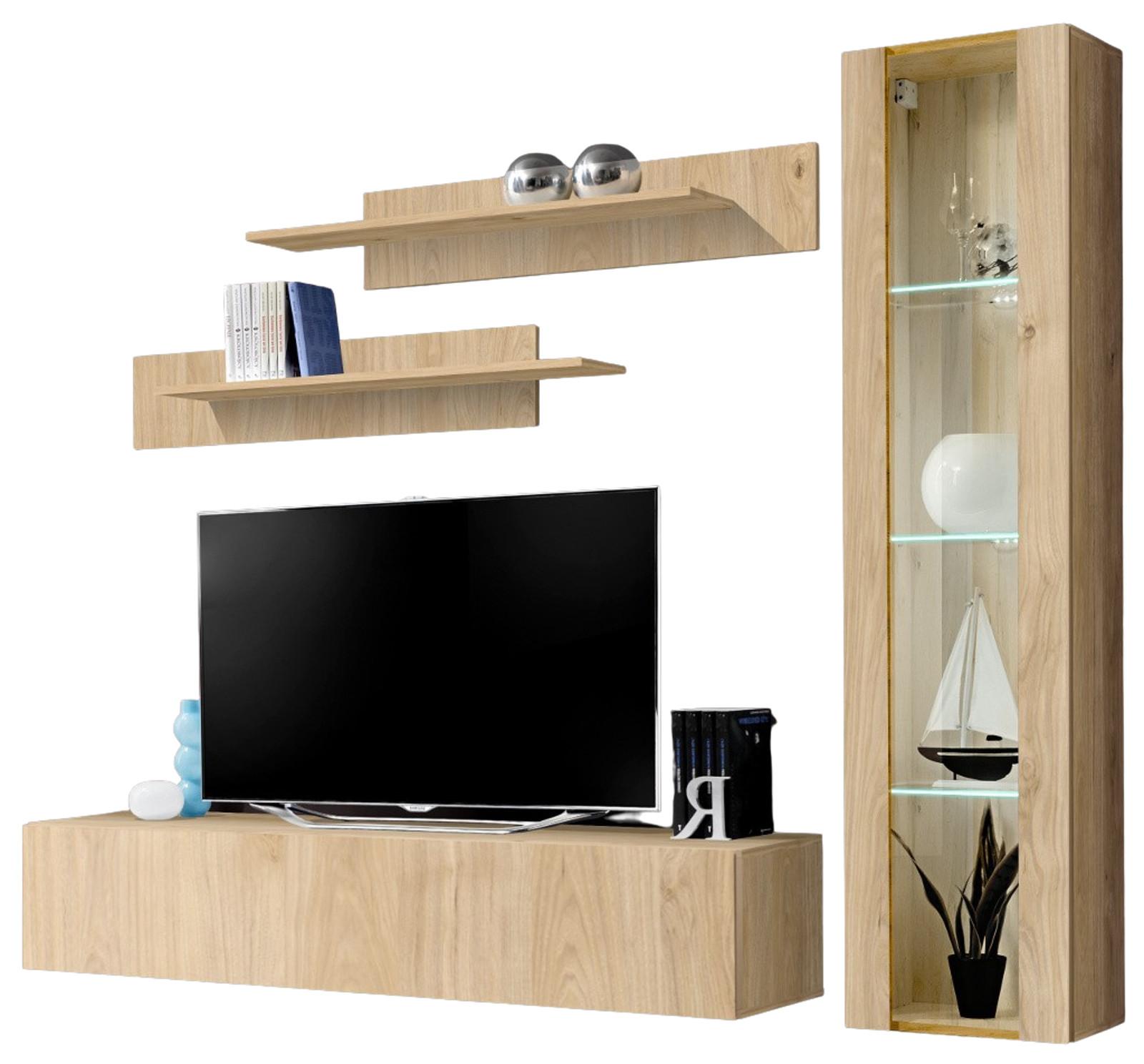 WOHNWAND Eiche Jackson 210 cm 4-teilig hängend, Anbauwand mit LED-Beleuchtung - Eichefarben, Glas/Holzwerkstoff (210/170/40cm) - Inn.Furn