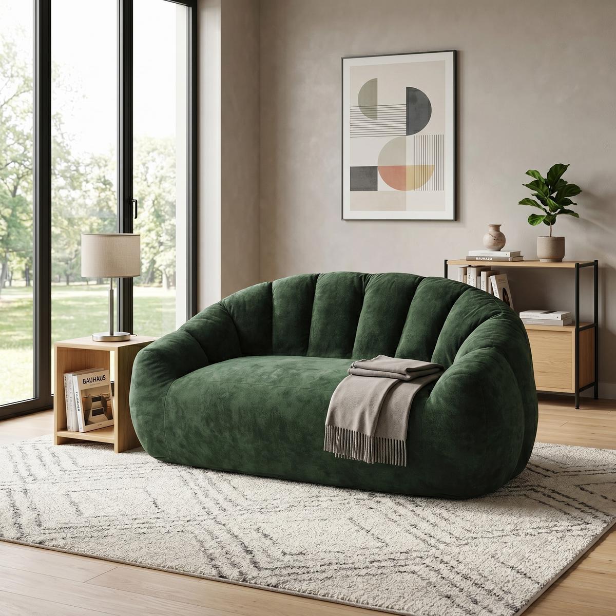 2-SITZER SOFA aus Flanell mit skulpturaler Wellen-Rückenlehne - Grün, Textil (140/61/98cm) - Urban Meuble