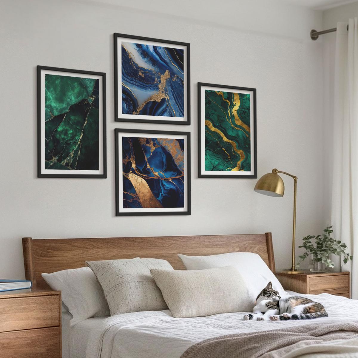 BILDER SET 4er Set - 50x50 cm & 40x60 cm Schwarzer Rahmen - Elegante Muster auf Steinen - Schwarz, Kunststoff (50/50cm) - TULUP