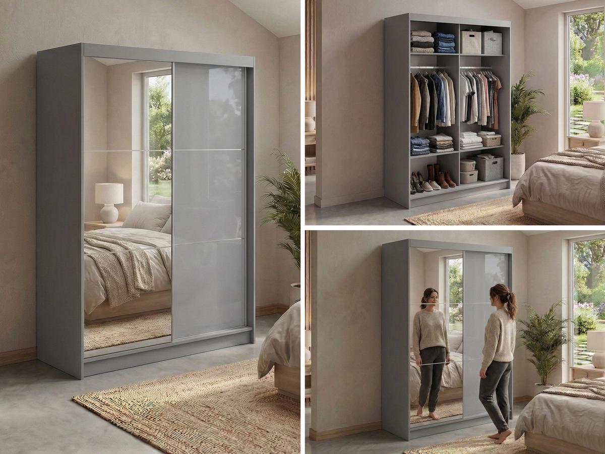 SCHWEBETÜRENSCHRANK mit Spiegel - WALENCJA - 150 - Grau lacobel - Alufarben/Grau, Holzwerkstoff/Metall (150/216/61cm) - MKS