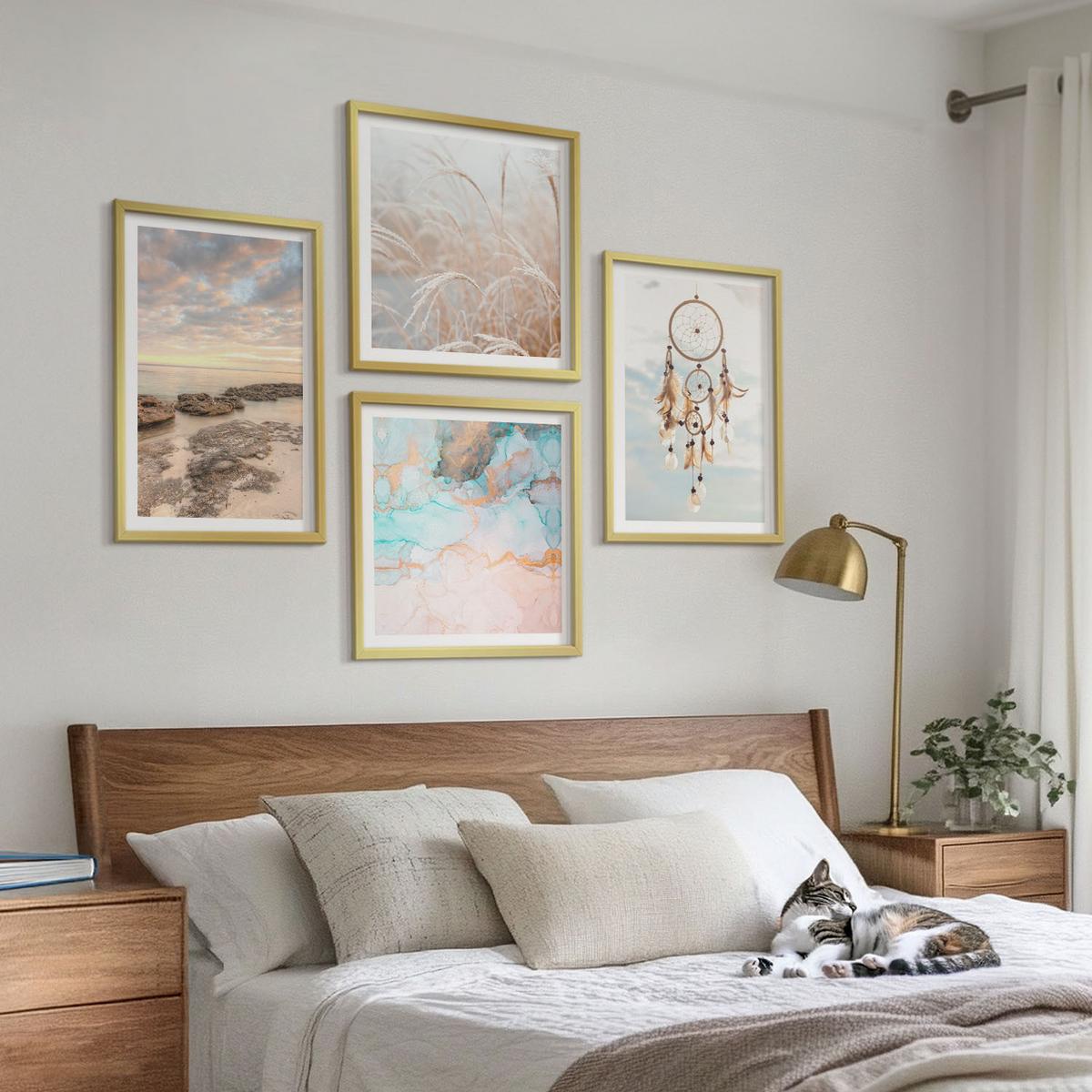 BILDER SET 4er Set - 50x50 cm & 40x60 cm Goldrahmen - Wolkenmeer, Traumfänger, Gras - Goldfarben, Kunststoff (50/50cm) - TULUP
