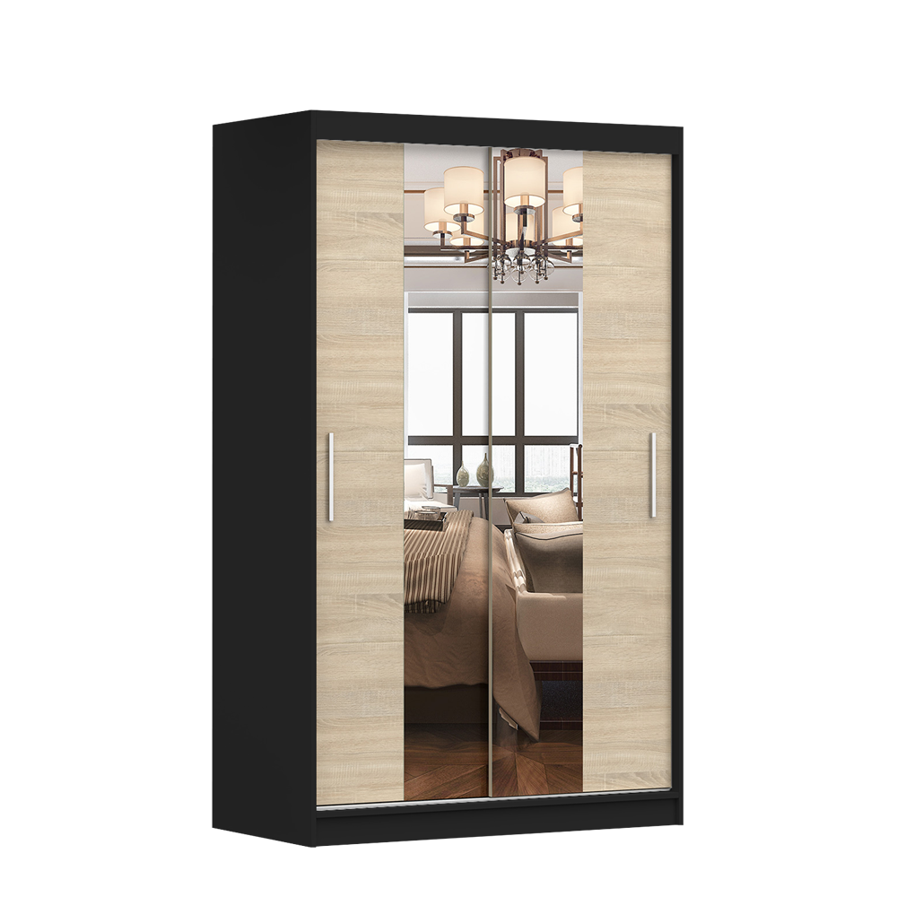 SCHWEBETÜRENSCHRANK NEOMI 01 mit Spiegel Schwarz/Sonoma - Alufarben/Schwarz, Holzwerkstoff/Kunststoff (120/200/61cm) - imoebel24