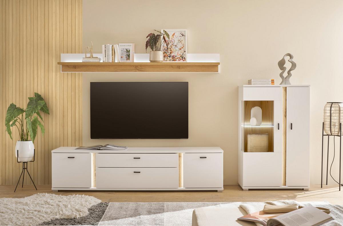 WOHNWAND 3-teilig weiß matt, Eiche Wotan 290 cm, Wohnkombination inklusive Frontbeleuchtung - Eiche Wotan/Silberfarben, Glas/Holzwerkstoff (290/170/42cm) - Furn.Design
