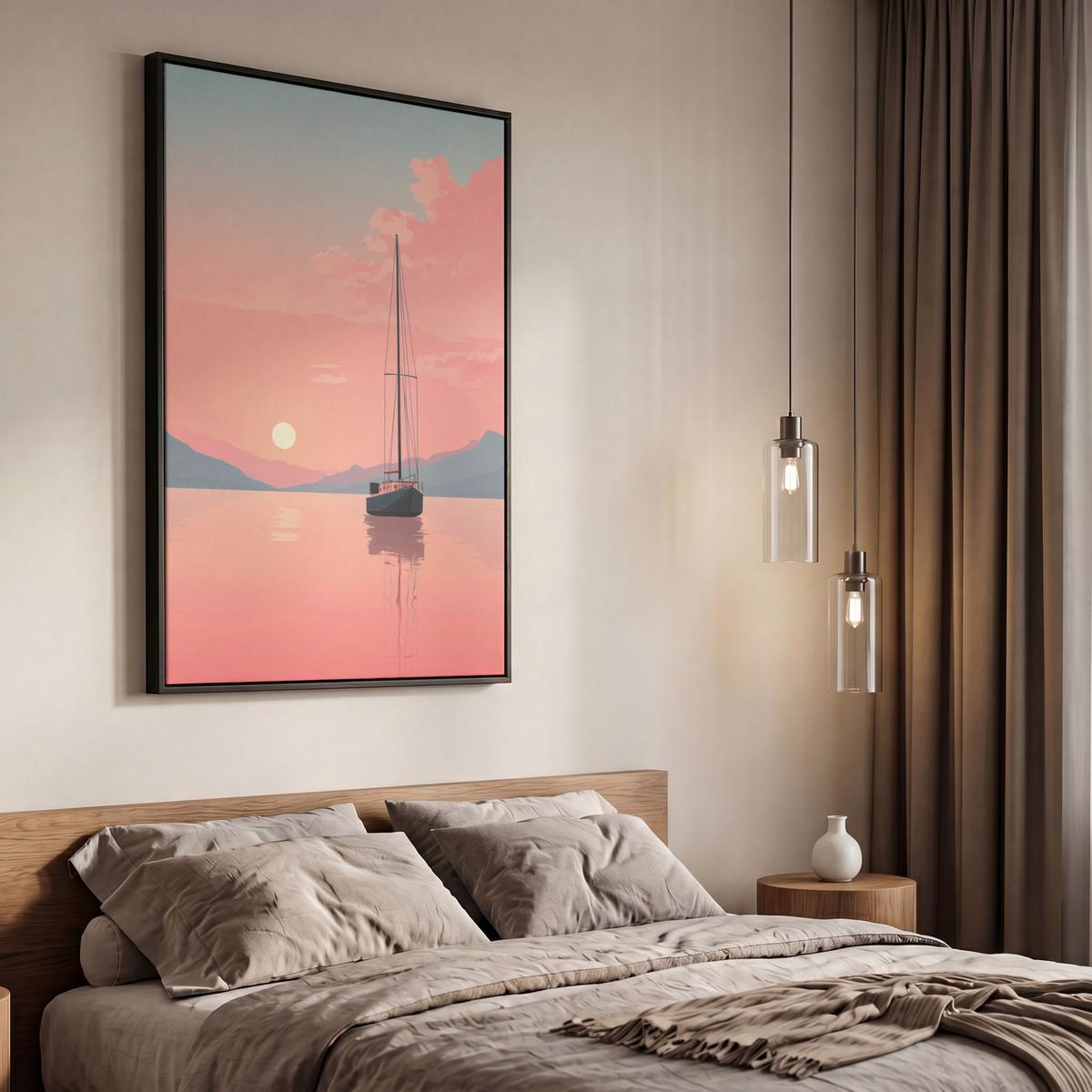 LEINWAND Bilder mit Rahmen - Segelboot - Rosa Meer - Sonnenuntergang - Berge - 60x90 - Rosa, Textil (60/90cm) - MuchoWow