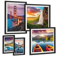BILDER SET 5er Set - 50x50 cm & 20x30 cm & 40x60 cm Schwarzer Rahmen - Bergseen, Boote, Brücken - Schwarz, Kunststoff (40/60cm) - TULUP