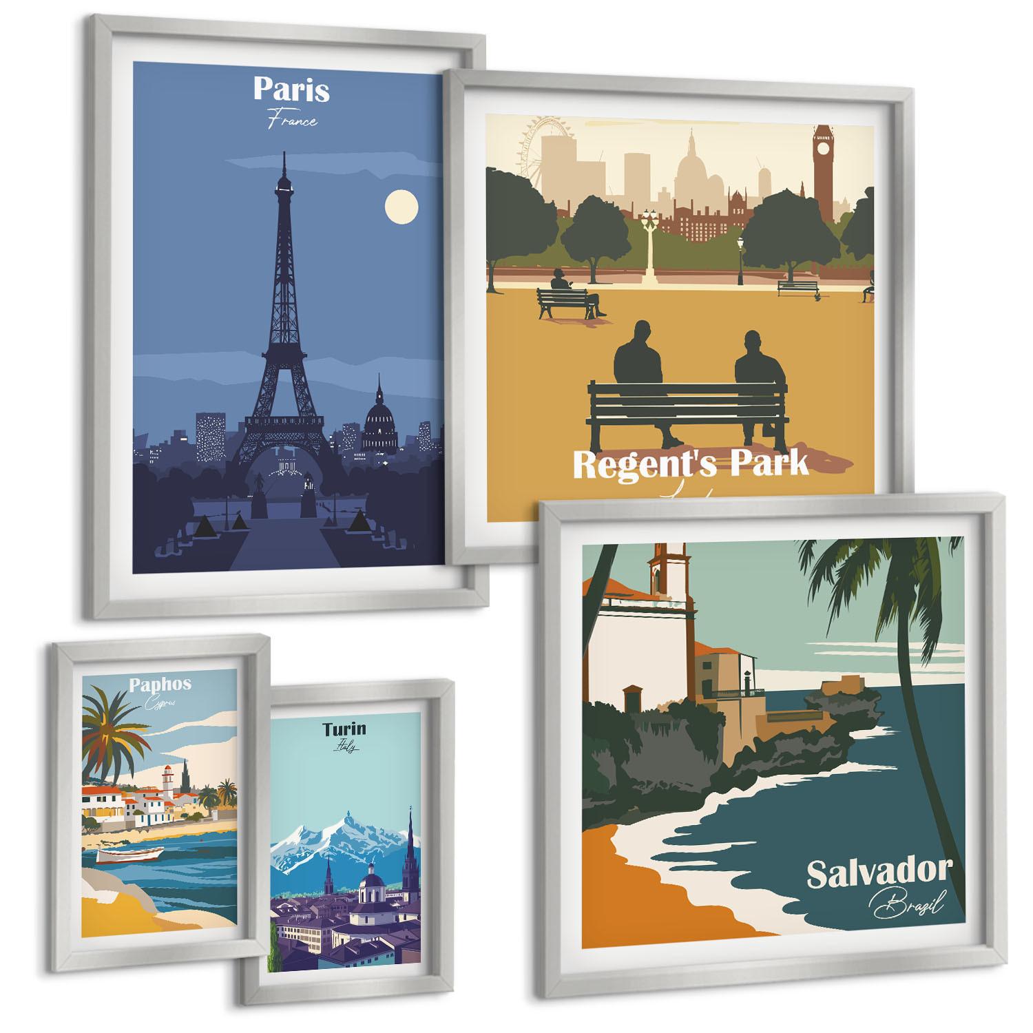 BILDER SET 5er Set - 50x50 cm & 20x30 cm & 40x60 cm Silberner Rahmen - Touristische Küstenlandschaften - Silberfarben, Kunststoff (40/60cm) - TULUP