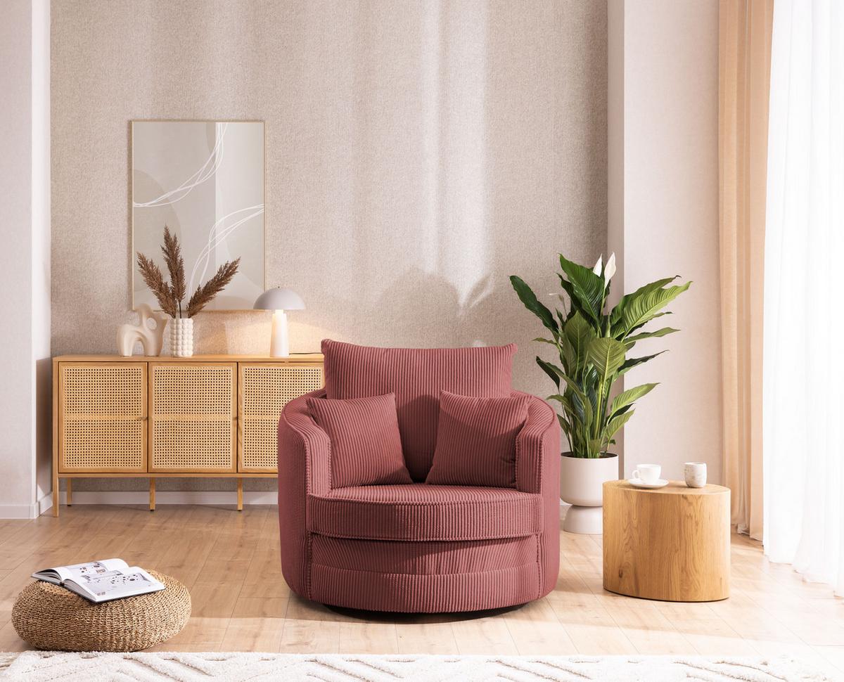 DREHSESSEL Ted aus Terrakotta Cord-Stoff - Terracotta/Schwarz, Holz/Textil (107/94/100cm) - S-Style Möbel
