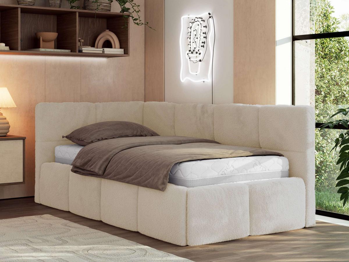 JUGENDBETT ARVO 90/200 - Creme Plüsch - Multipocket-Matratze - Links Seite - Creme, Textil (90/200cm) - MKS