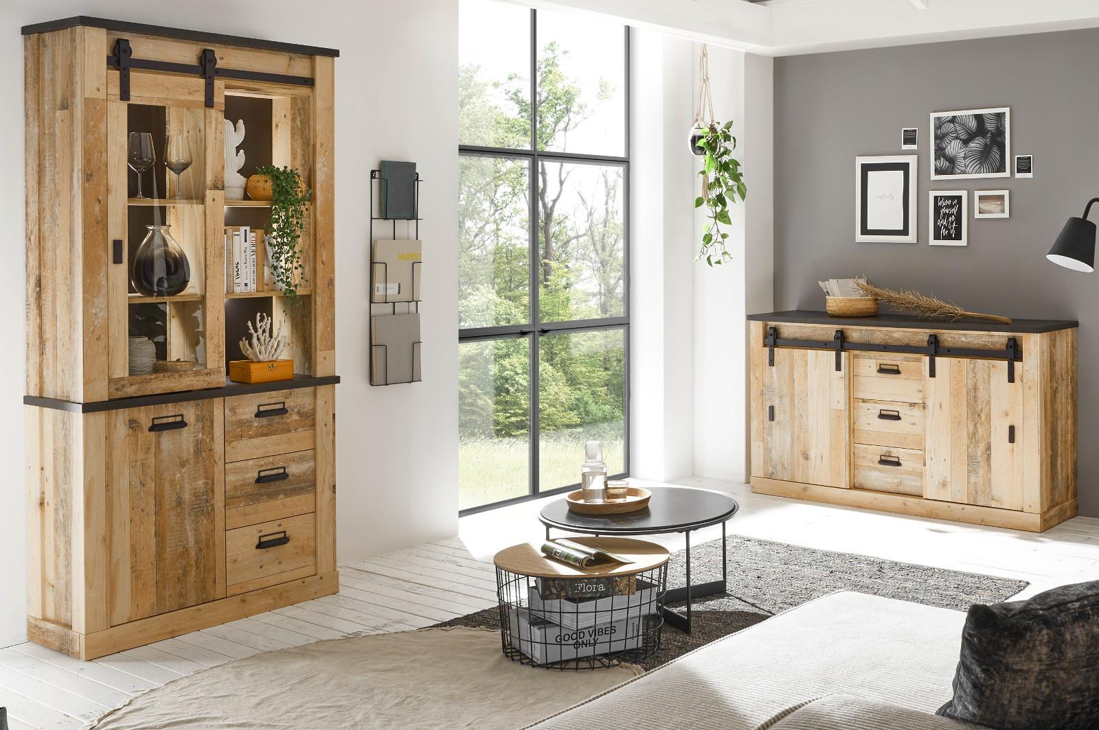 ESSZIMMER-SET Esszimmer Set, Used Wood hell, anthrazit, Wohnkombination 2-teilig mit Vitrine Sideboard - Eichefarben/Anthrazit, Holzwerkstoff/Metall (275/201/43cm) - Furn.Design