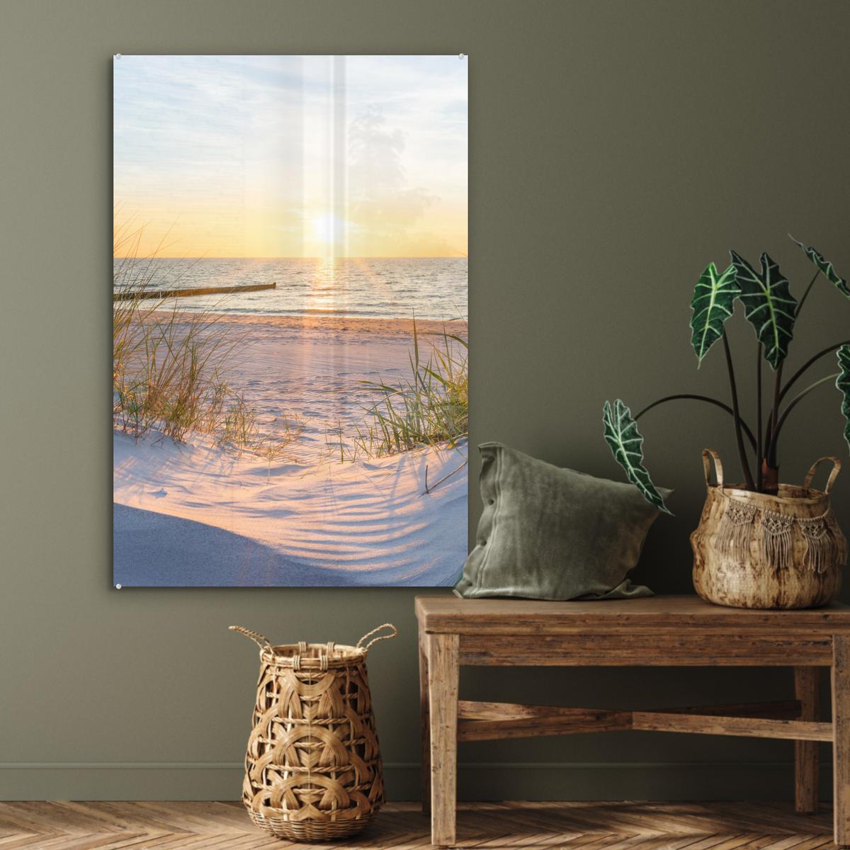 ACRYLGLASBILD Strand - Sonne - Düne - Gras - Sand - Horizont 80x120 cm - Hellblau, Glas (80/120cm) - MuchoWow