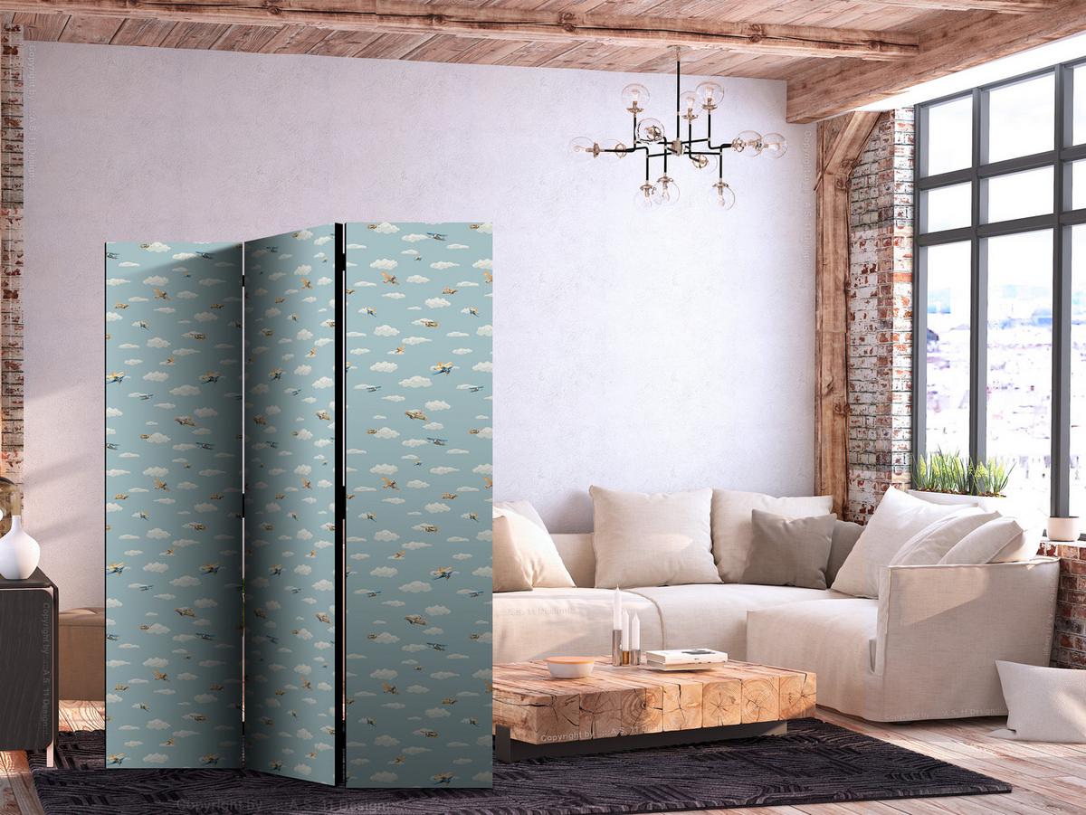 PARAVENT Beidseitig Bedruckter 3-tlg 135x172 cm Flugzeuge Wolken - Blau, Holz/Textil (135/172/3cm) - Muralo