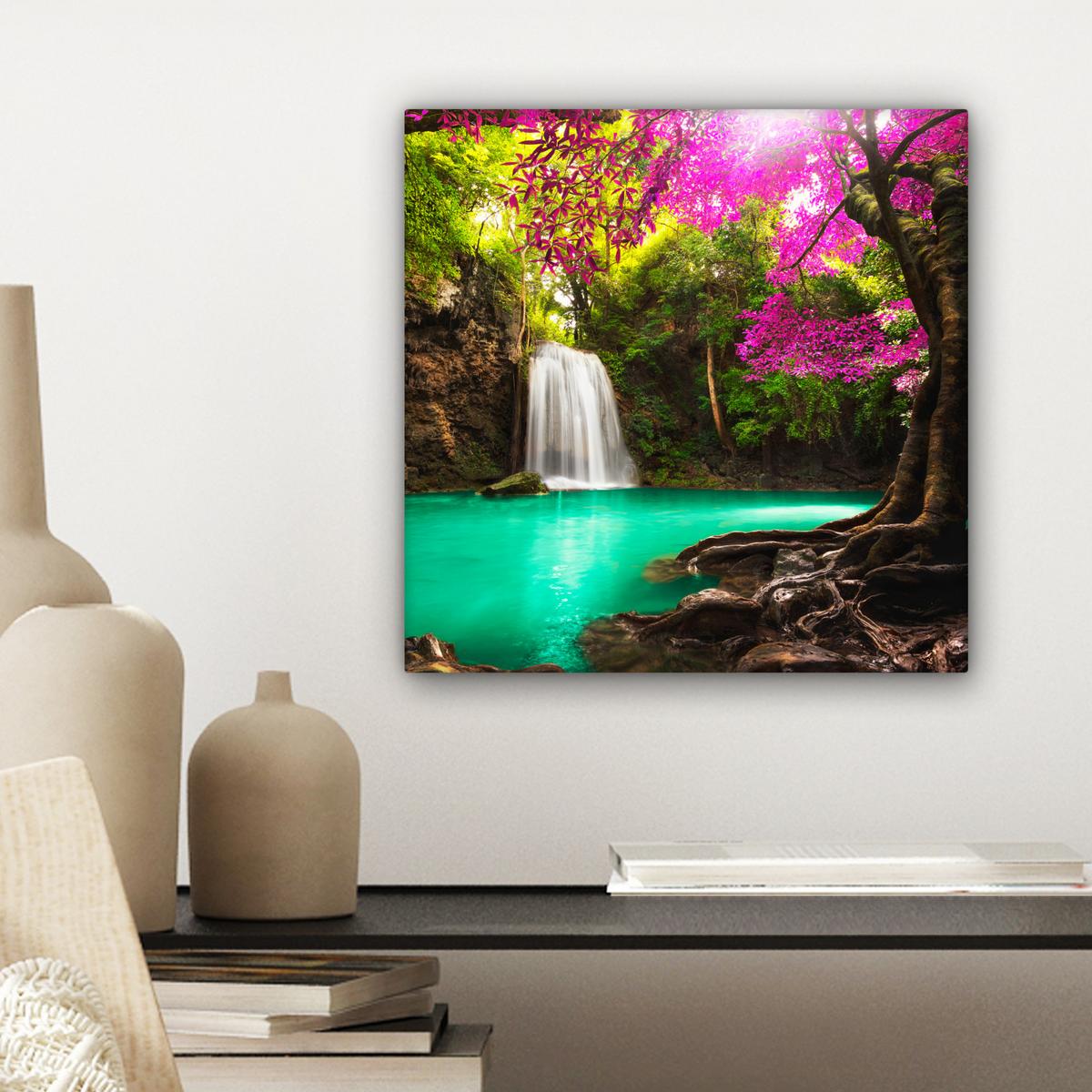 LEINWANDBILD Wasserfall mit bunten Blumen und Bäumen - Natur - Dschungel Deko Wohnzimmer 20x20 cm - Waldgrün, Textil (20/20cm) - MuchoWow