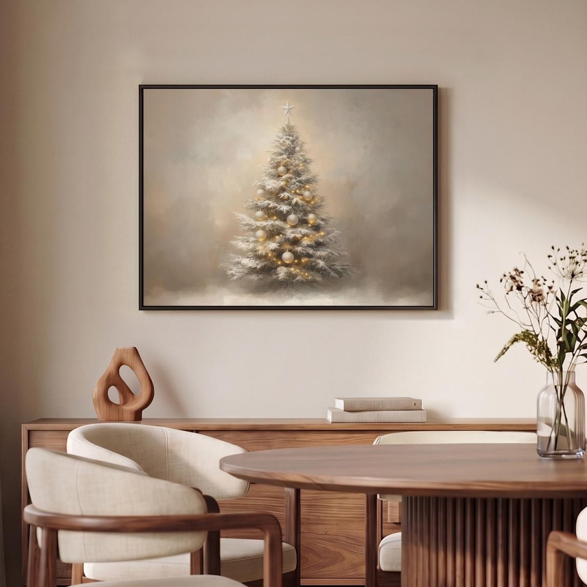 LEINWAND Bilder mit Rahmen - Weihnachten - Weihnachtsbaum - Schnee - Kunst - 80x60 - Champagner, Textil (80/60cm) - MuchoWow