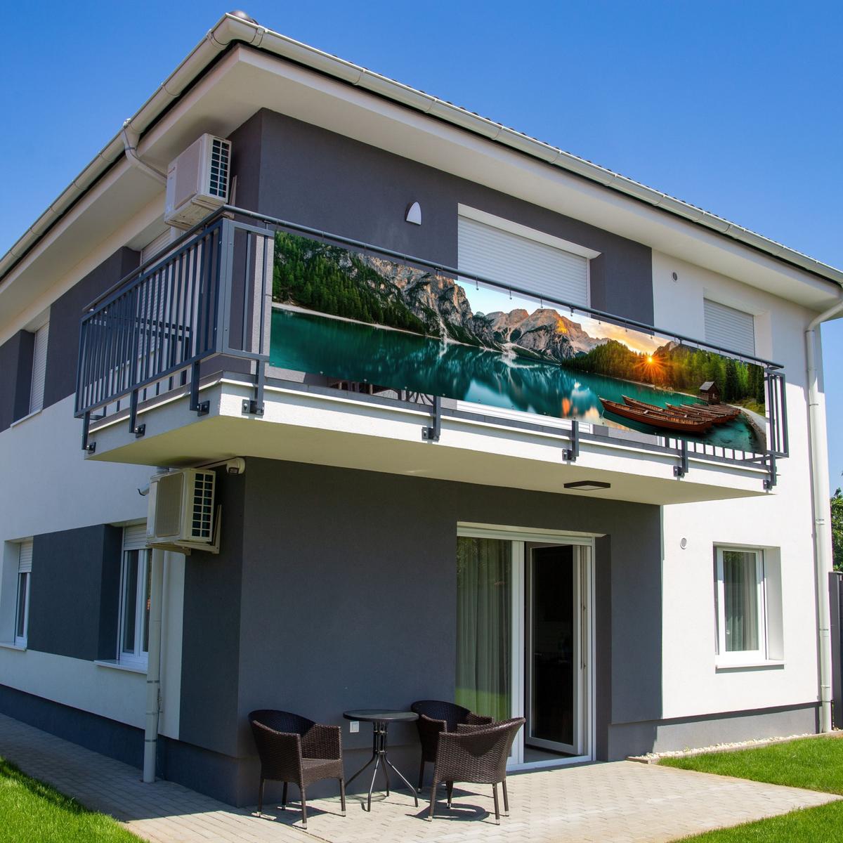 BALKON-SICHTSCHUTZ See - Berge - Sonnenuntergang - Boot Deko XXL 500x110 cm - Petrol, Kunststoff (500/110cm) - MuchoWow