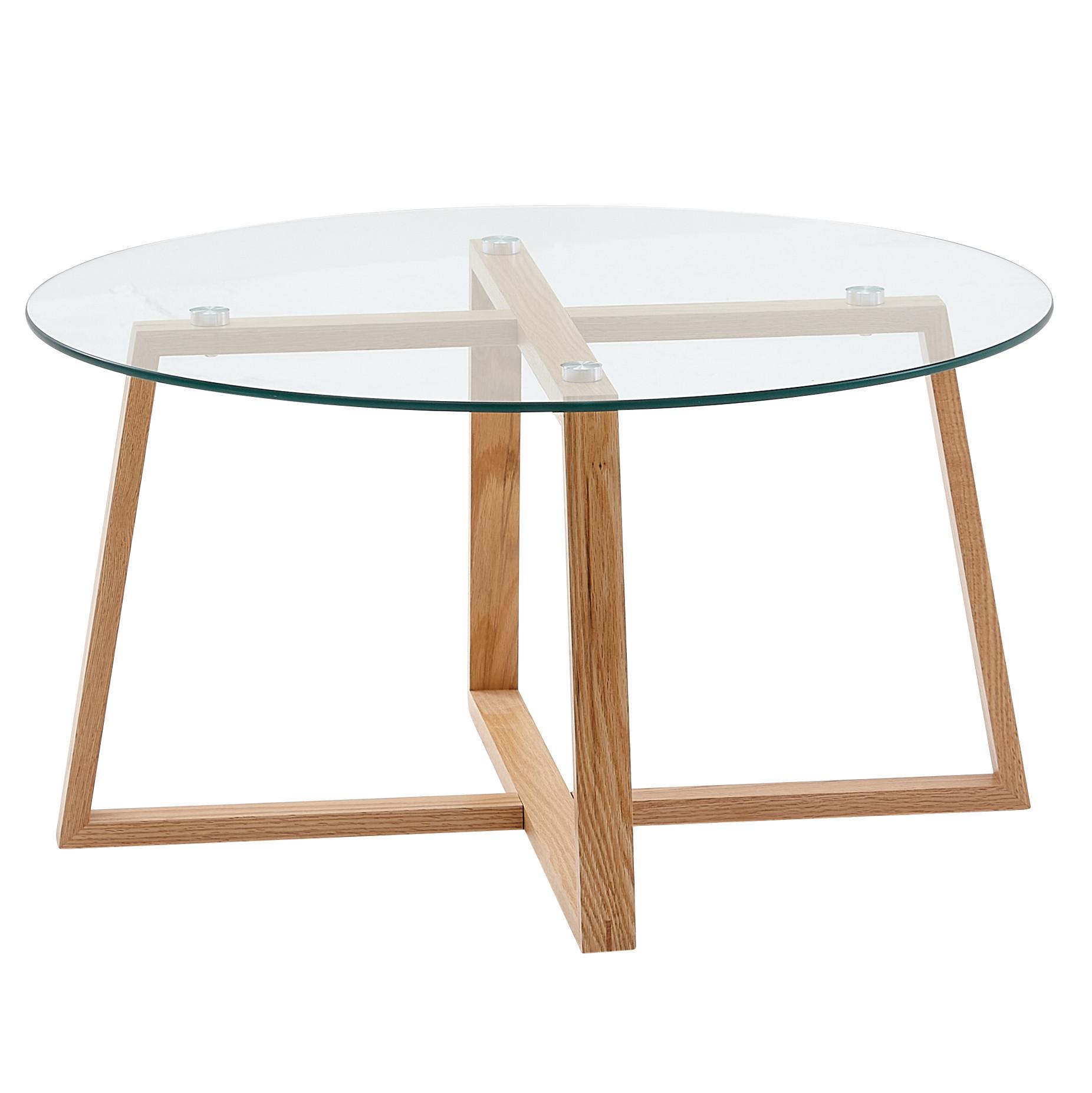 COUCHTISCH in Eiche mit transparenter Glasplatte und überkreuztem Gestell, modernes Design - Beige/Braun, Glas/Eichenholz (78/78/41cm) - KADIMA DESIGN