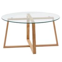 COUCHTISCH in Eiche mit transparenter Glasplatte und überkreuztem Gestell, modernes Design - Beige/Braun, Glas/Eichenholz (78/78/41cm) - KADIMA DESIGN