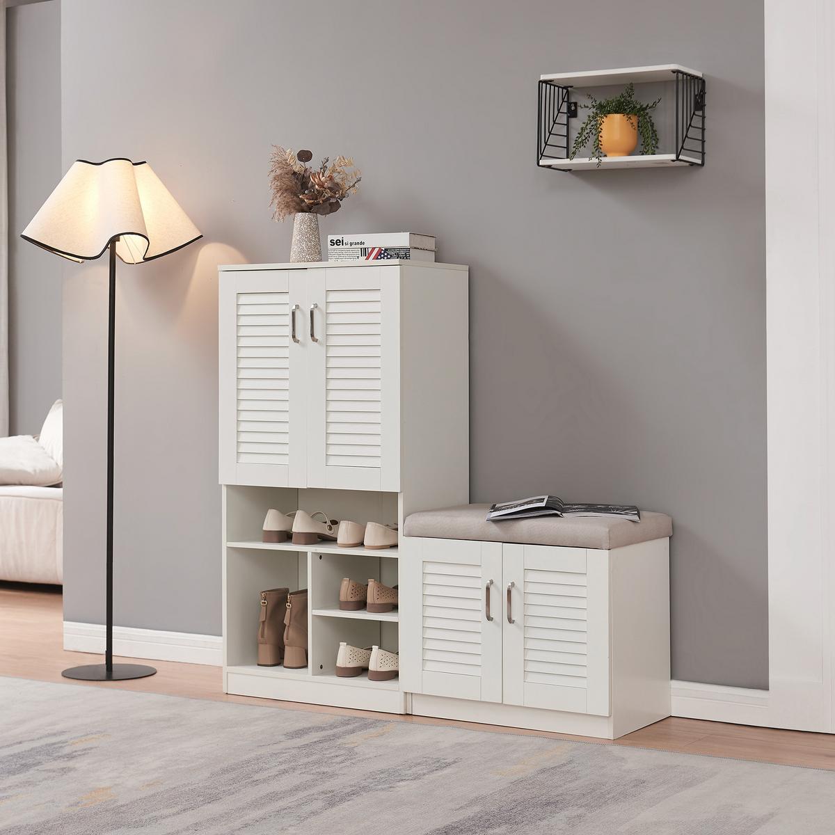 SCHUHSCHRANK Løten mit Sitzbank - Grau, Holzwerkstoff/Kunststoff (120/120/36.5cm) - [en.casa]