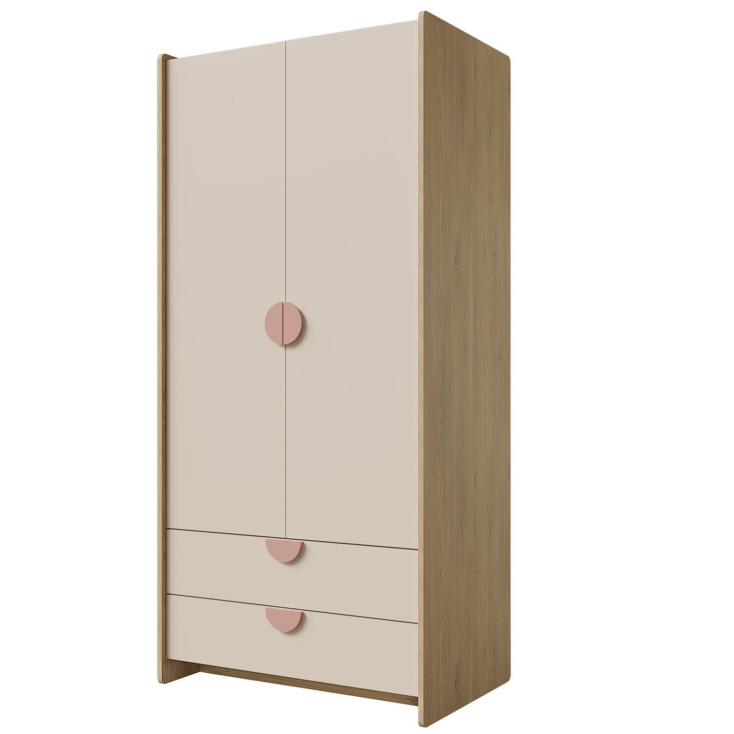 DREHTÜRENSCHRANK Lena mit 2 Türen und 2 Schubladen, 83 cm, für Jugendliche, Eiche Cremona/Macadamia/Puderrosa - Eichefarben/Beige, Holzwerkstoff (83/198/60cm) - Beautysofa