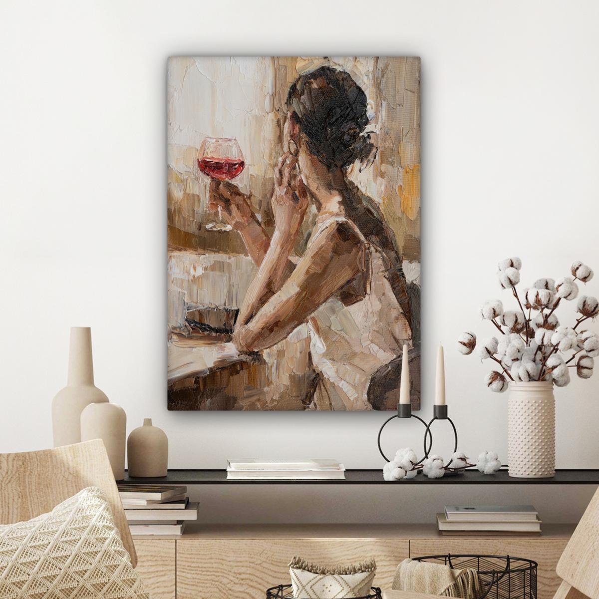 LEINWANDBILD Ölgemälde - Frau - Wein Wandbild Wohnzimmer 60x80 cm - Hellbraun, Textil (60/80cm) - MuchoWow