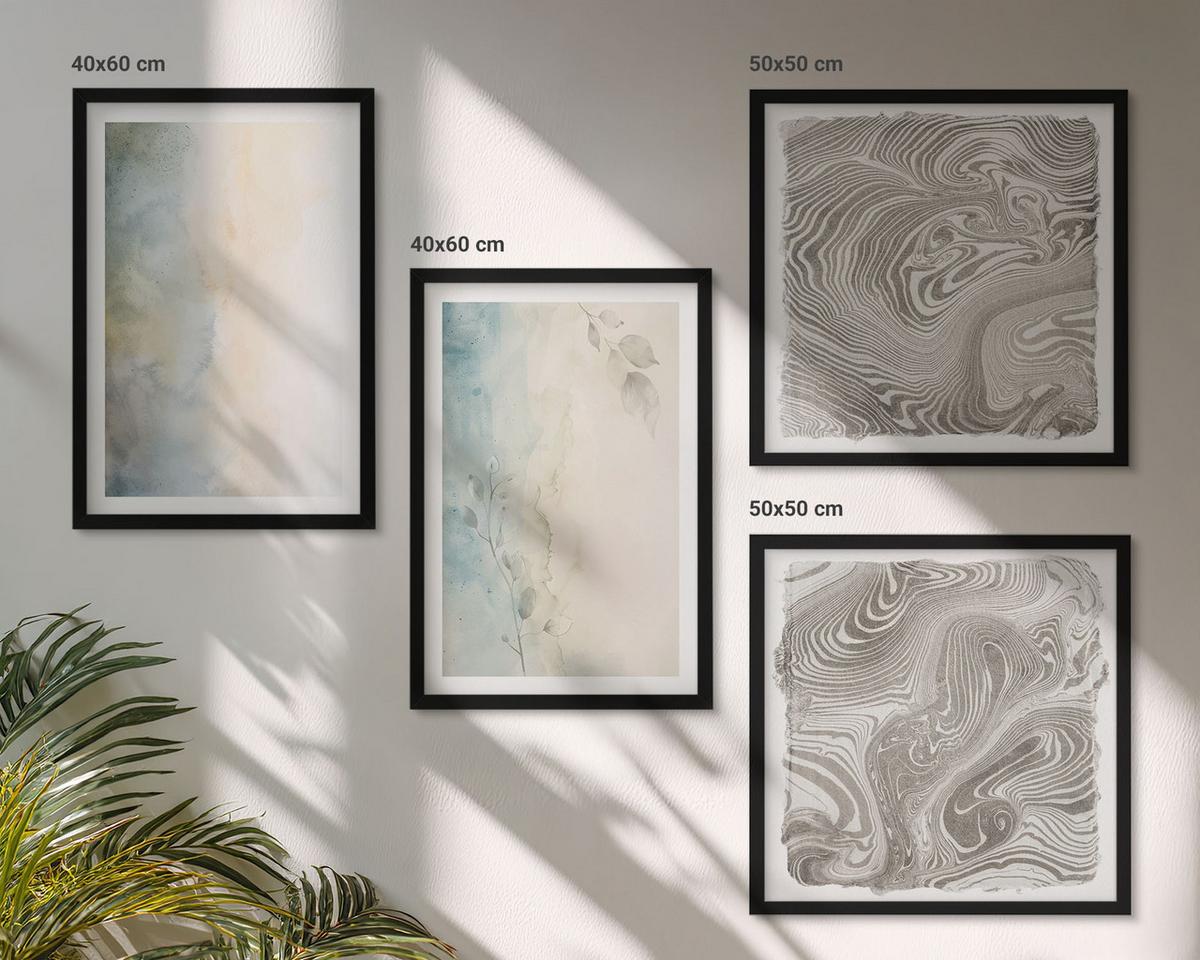 BILDER SET 4er Set - 50x50 cm & 40x60 cm Schwarzer Rahmen - Zarte Aquarellkartons - Schwarz, Kunststoff (50/50cm) - TULUP