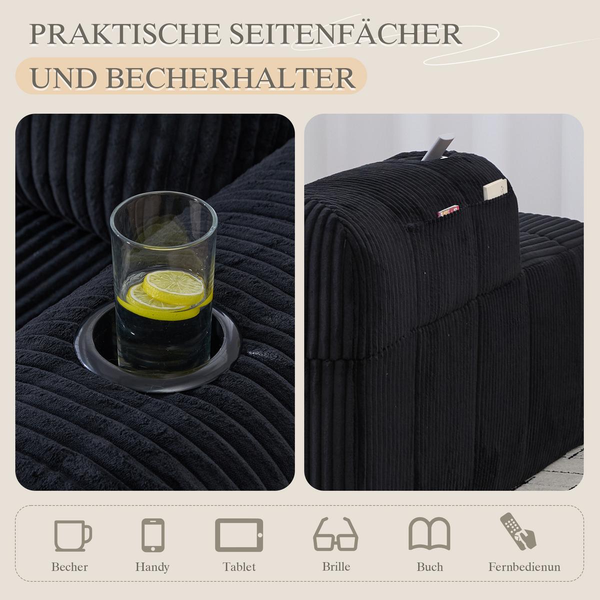 CHAISELONGUE in Cord (158 cm) mit Getränkehalter & Seitentaschen - Schwarz, Textil (158/61/93cm) - Urban Meuble