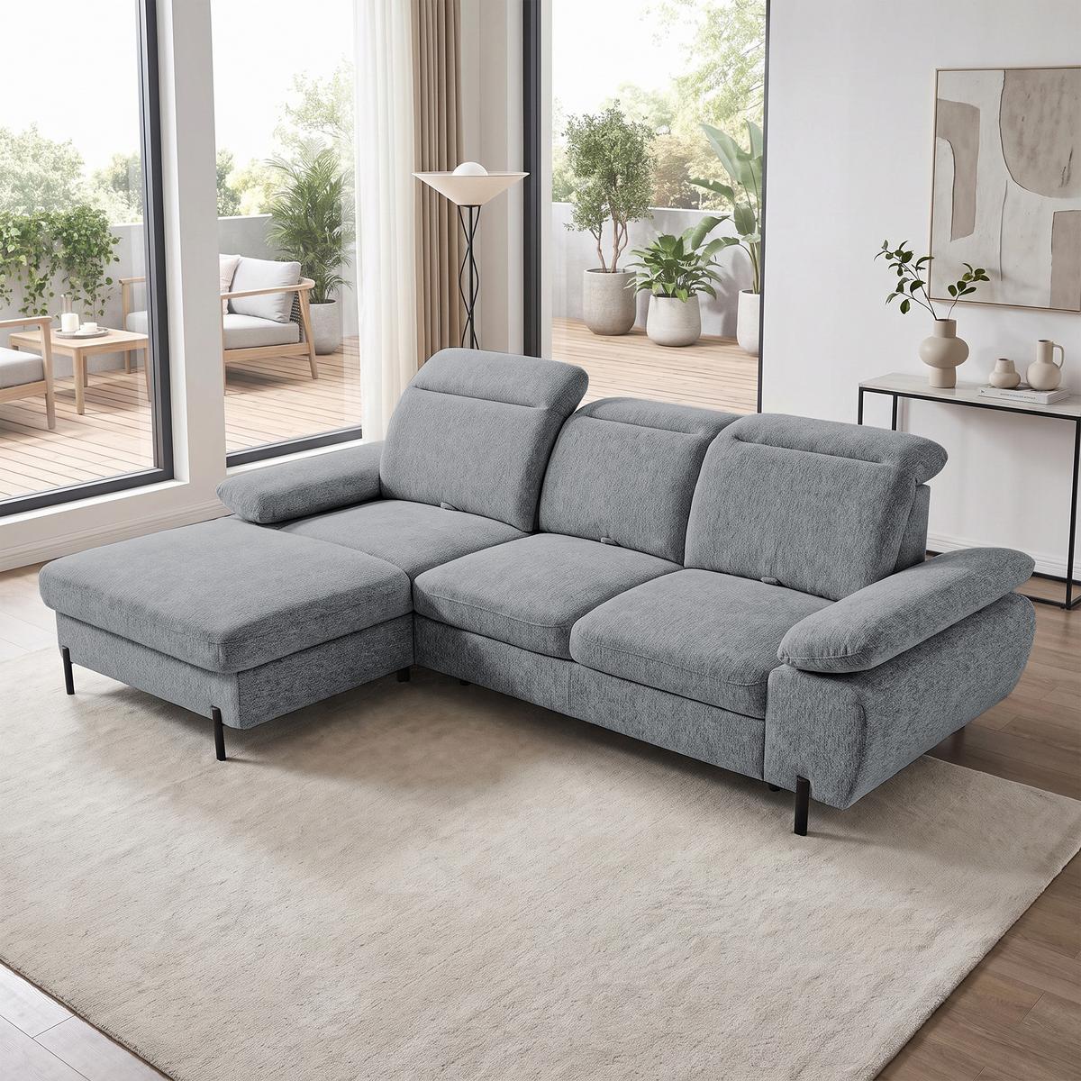 ECKSCHLAFSOFA Sora Mini mit verstellbaren Kopfstützen und Schlaffunktion, Chenille-Stoff, Grau, Links - Schwarz/Grau, Textil (285/190cm) - Beautysofa