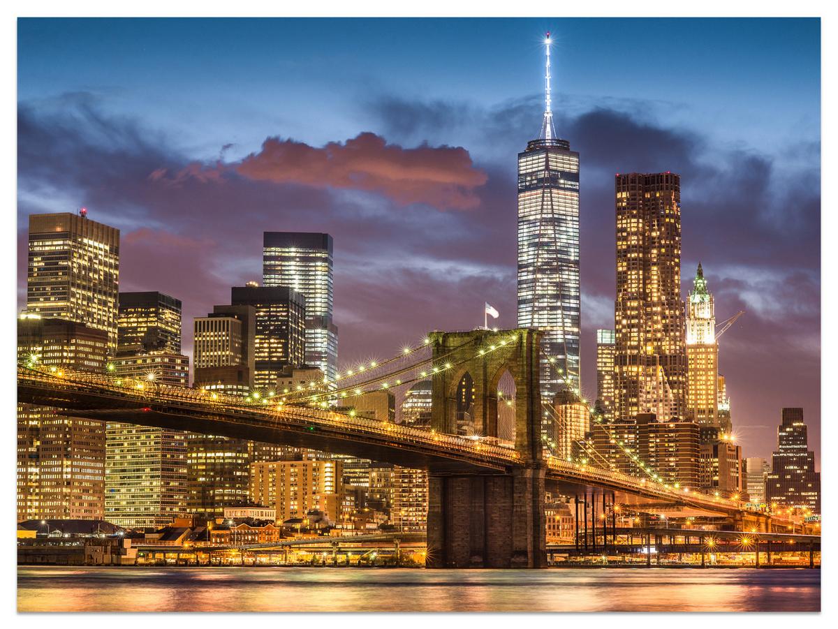 FOTOTAPETE für Wohnzimmer New York Nacht Brooklyn Bridge Wolkenkratzer 200x140 - Blau/Gelb, Papier (200/140cm) - Muralo