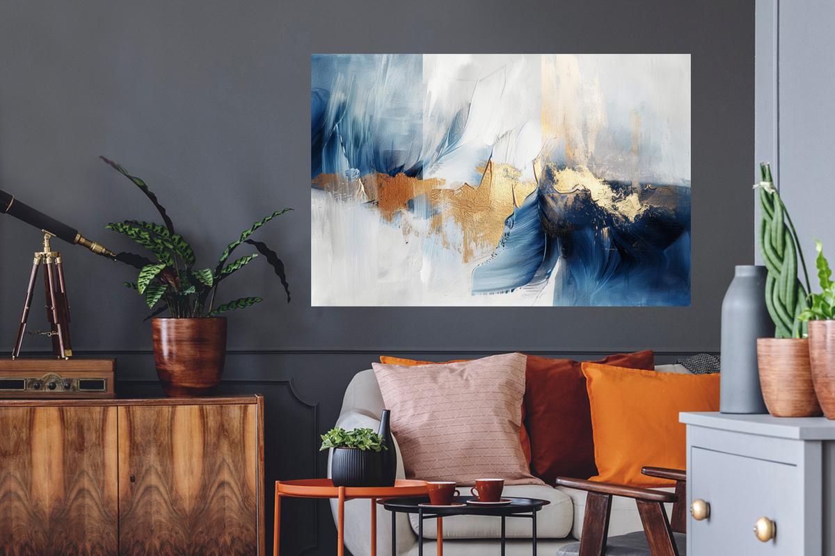 WANDTATTOO Gold - Blau - Aquarell - Kunst - Modern Wandsticker 120x80 cm - Hellblau, Kunststoff (120/80/0.1cm) - MuchoWow