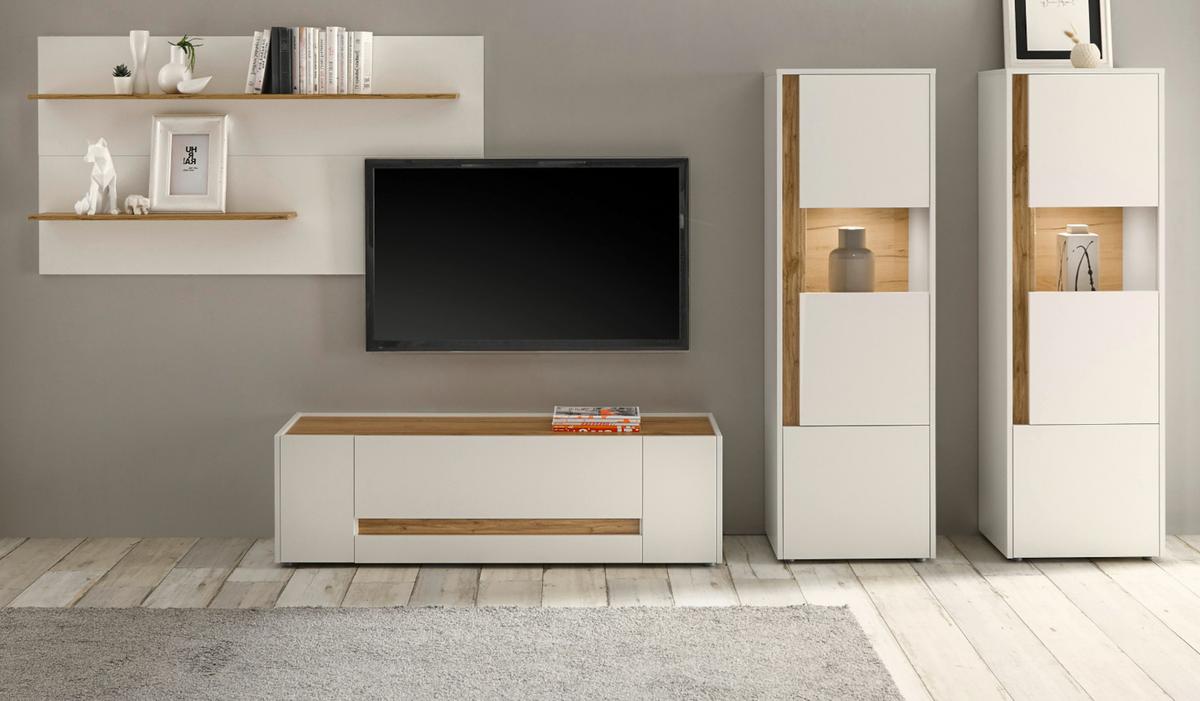 WOHNWAND 4-teilig weiß, Eiche Wotan 340 cm, Schrankwand mit 10 Fächern - Eiche Wotan/Schwarz, Glas/Holz (340/170/45cm) - Furn.Design
